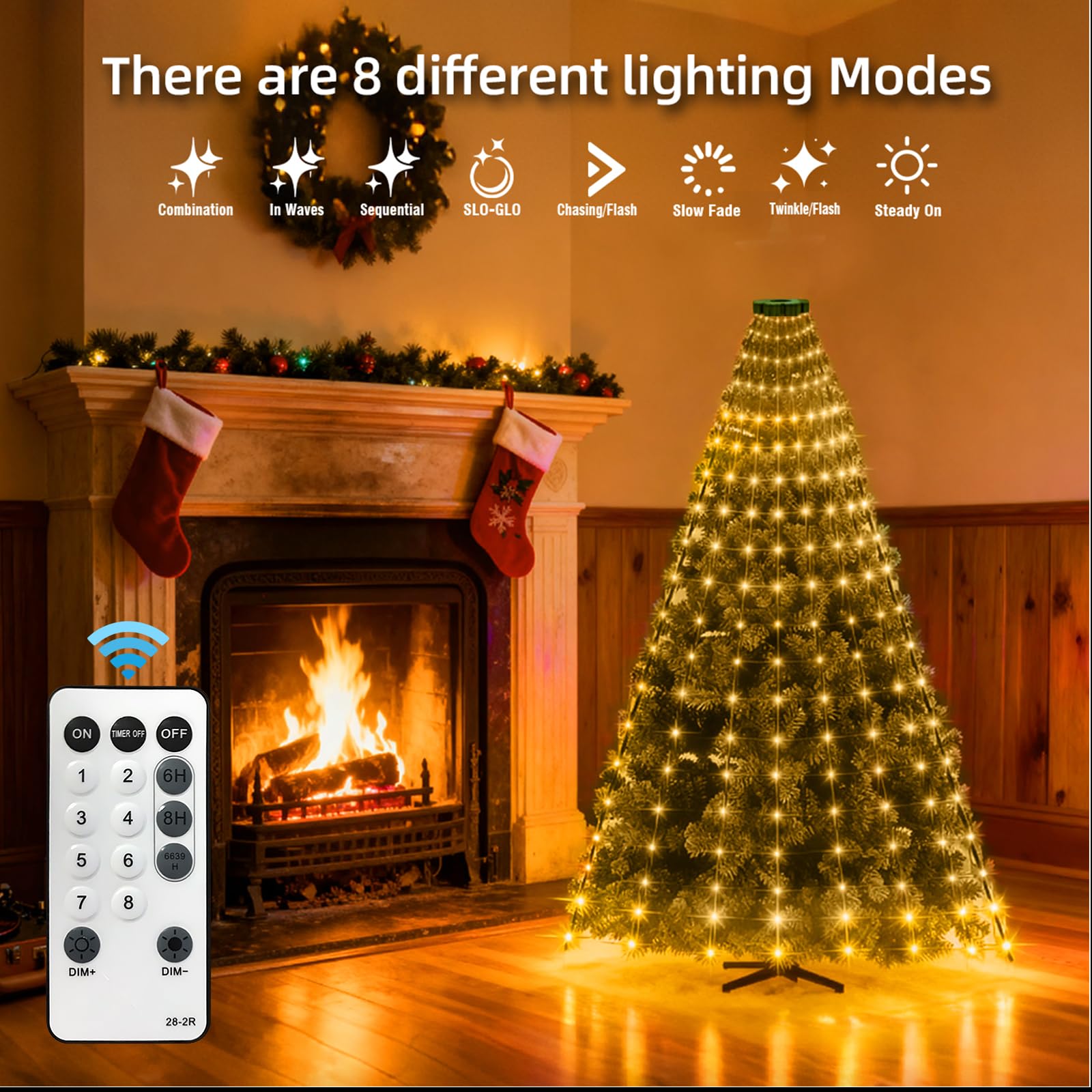 AHAWILL 240-LED Waterproof String Lights with Star Topper, 8 Light Modes, Warm Color, Model HCP152