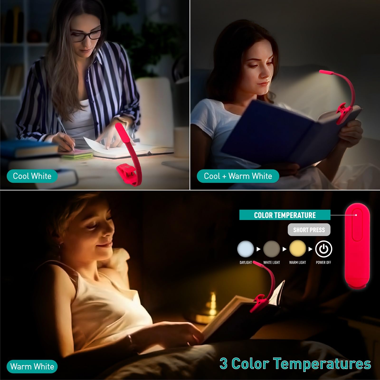RADIXIUM Rechargeable Book Reading Light, 9 LED, 9 Color Temperatures, Stepless Dimming, Clip-On, Pink, Model AI4800BM