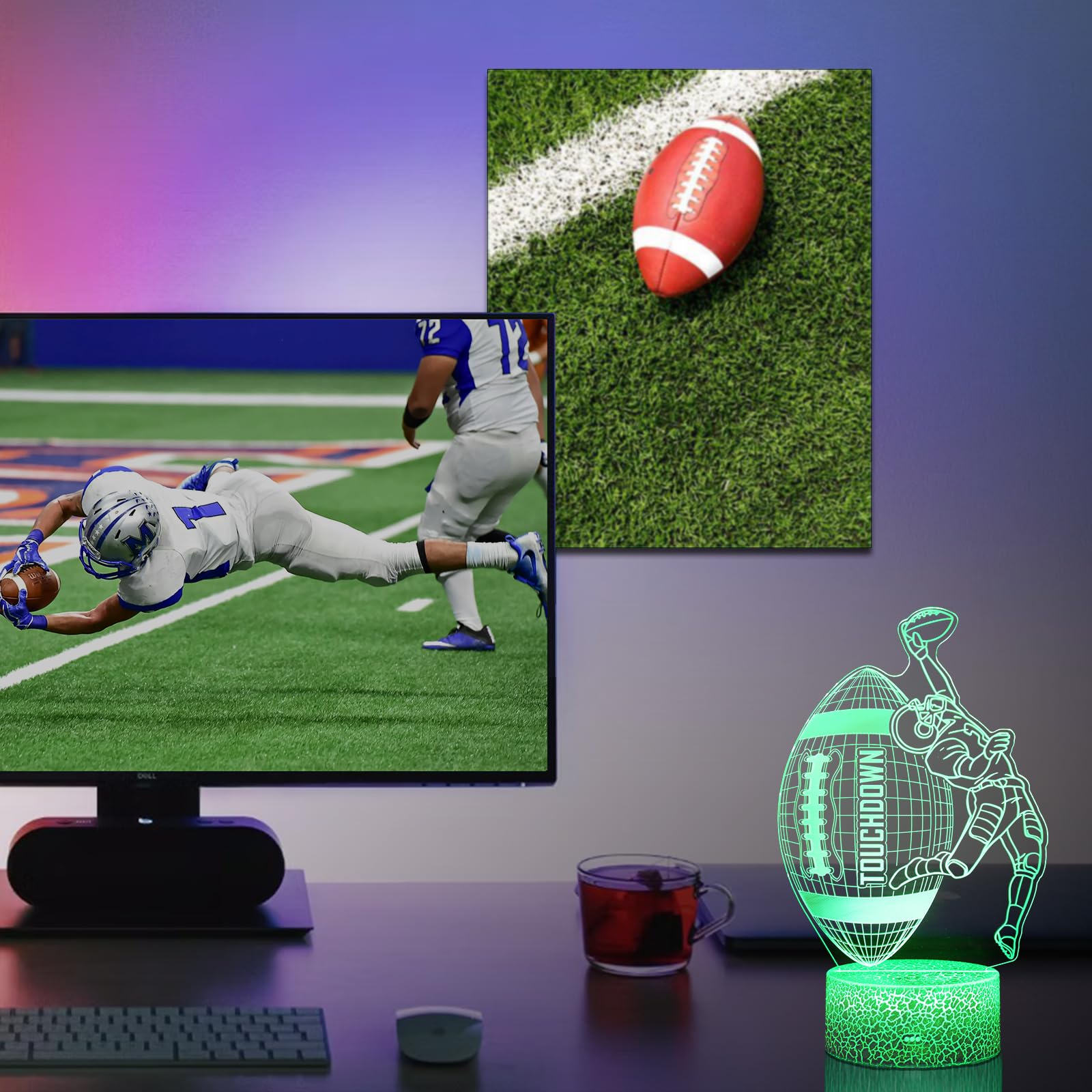 DAHEYMA American Football Lamp, 16 Colors Touchdown Night Light - Remote Control, Timer Tpye-C Dimmable, LED 3D Light Illusion,