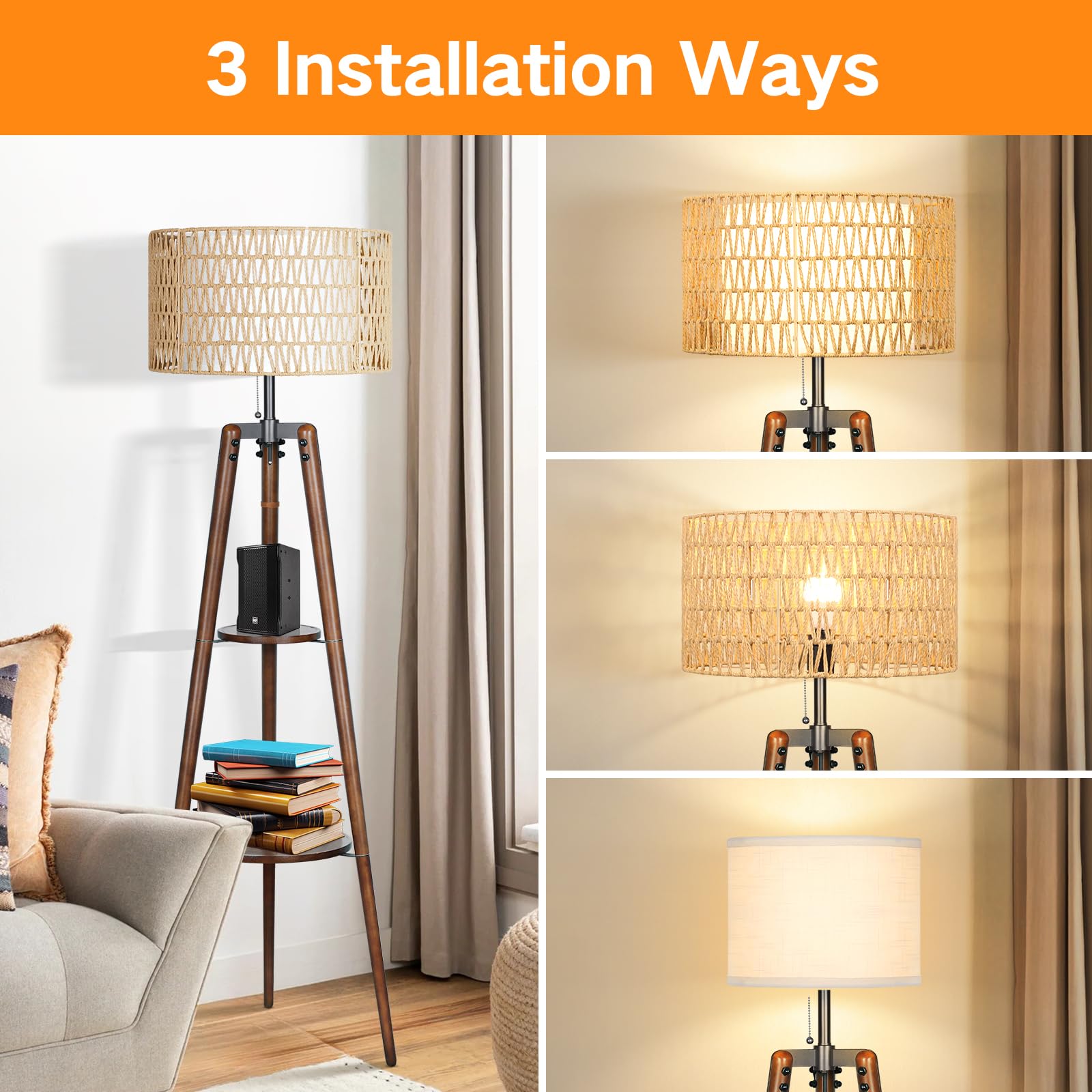 OUTON Boho Rattan Tripod Floor Lamp, Dimmable Wood Standing Lamp with Remote, Walnut, Includes Bulb, Ideal for Living Room & Bedroom
