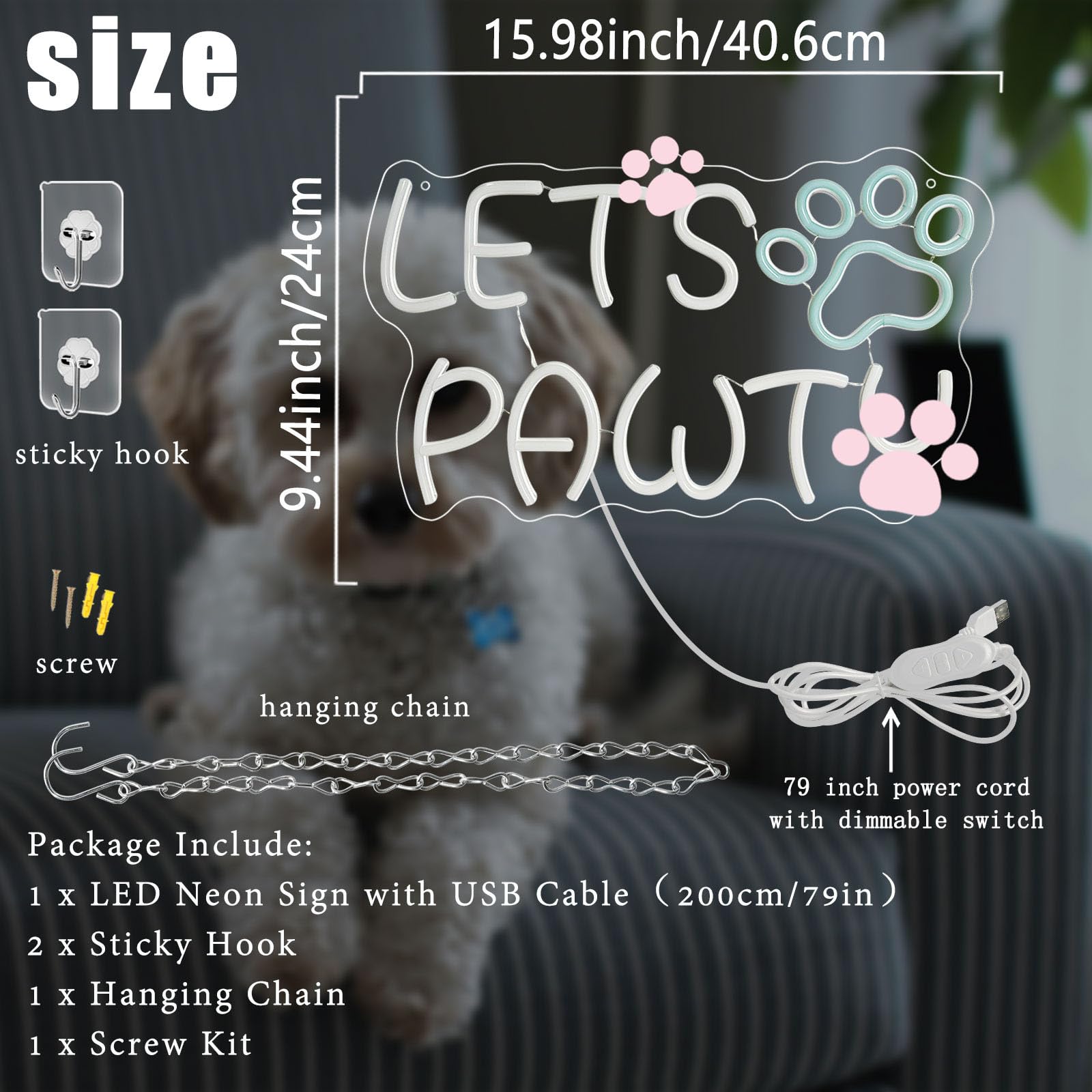 BerniceKelly Neon Sign - Dimmable USB Paw Print Light for Dog Cat Birthday Party - New Warm White - Model SJ-89