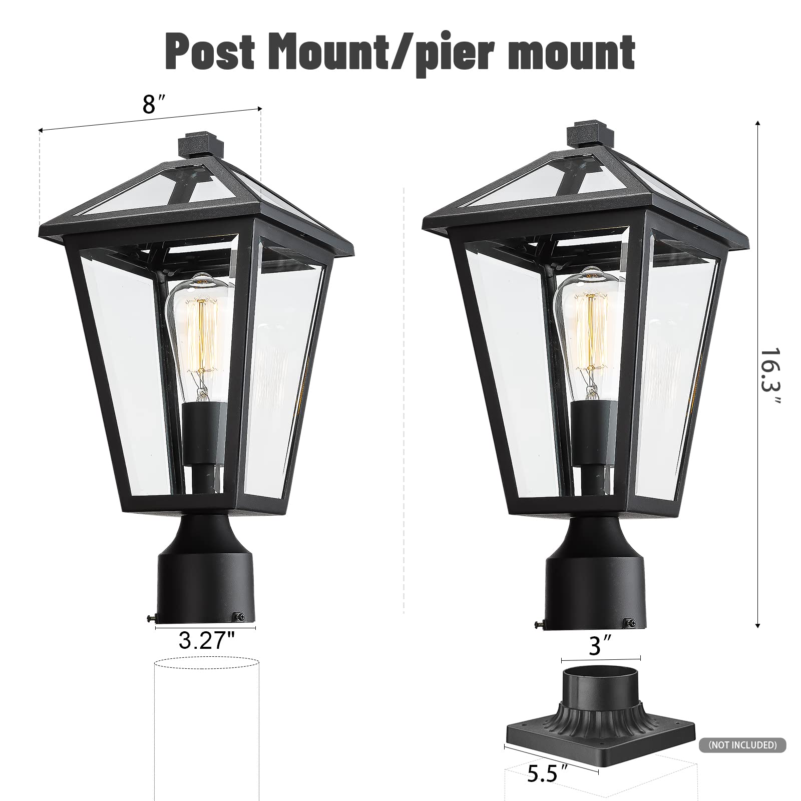 Luminzone Outdoor Post Light Fixture, Waterproof Aluminum Lamp For Walkway & Patio, Matte Black