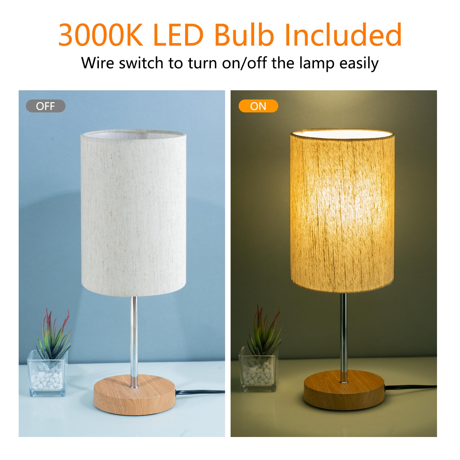 RISLG Small Table Lamps 2 Pack, Beige-Wood, Linen Fabric Shade, 15.4in, Model GPTL-0002WG, Modern Minimalist Design for Bedroom, Office, Dorm