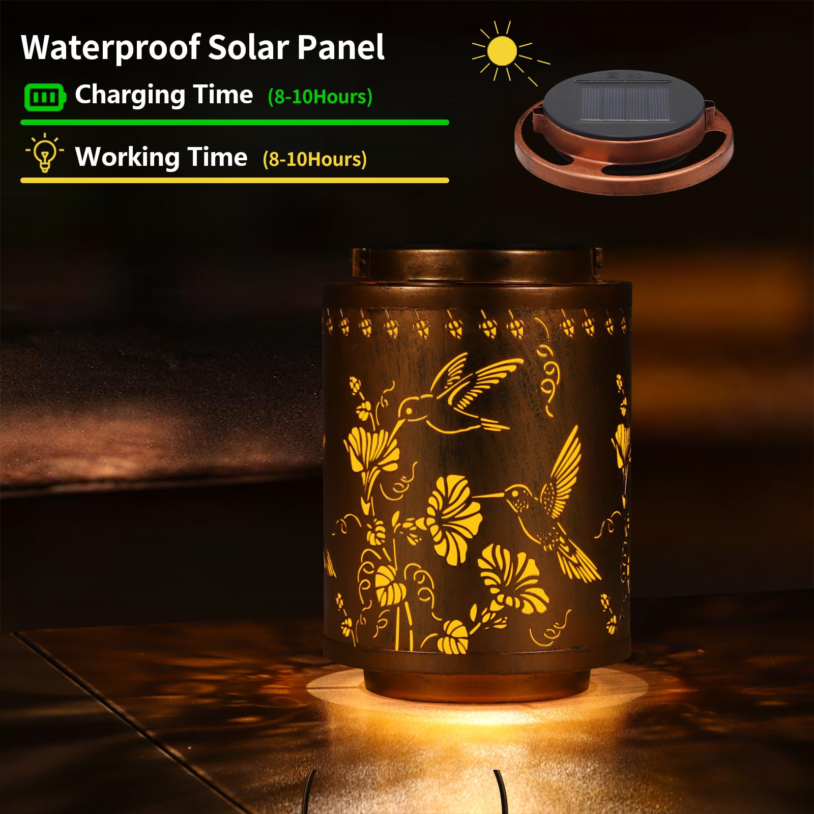 Tepaken 2 Pack Solar Lanterns Outdoor Metal Hanging Lights for Garden Decor, Waterproof, Gold, Model T-DL205-2P