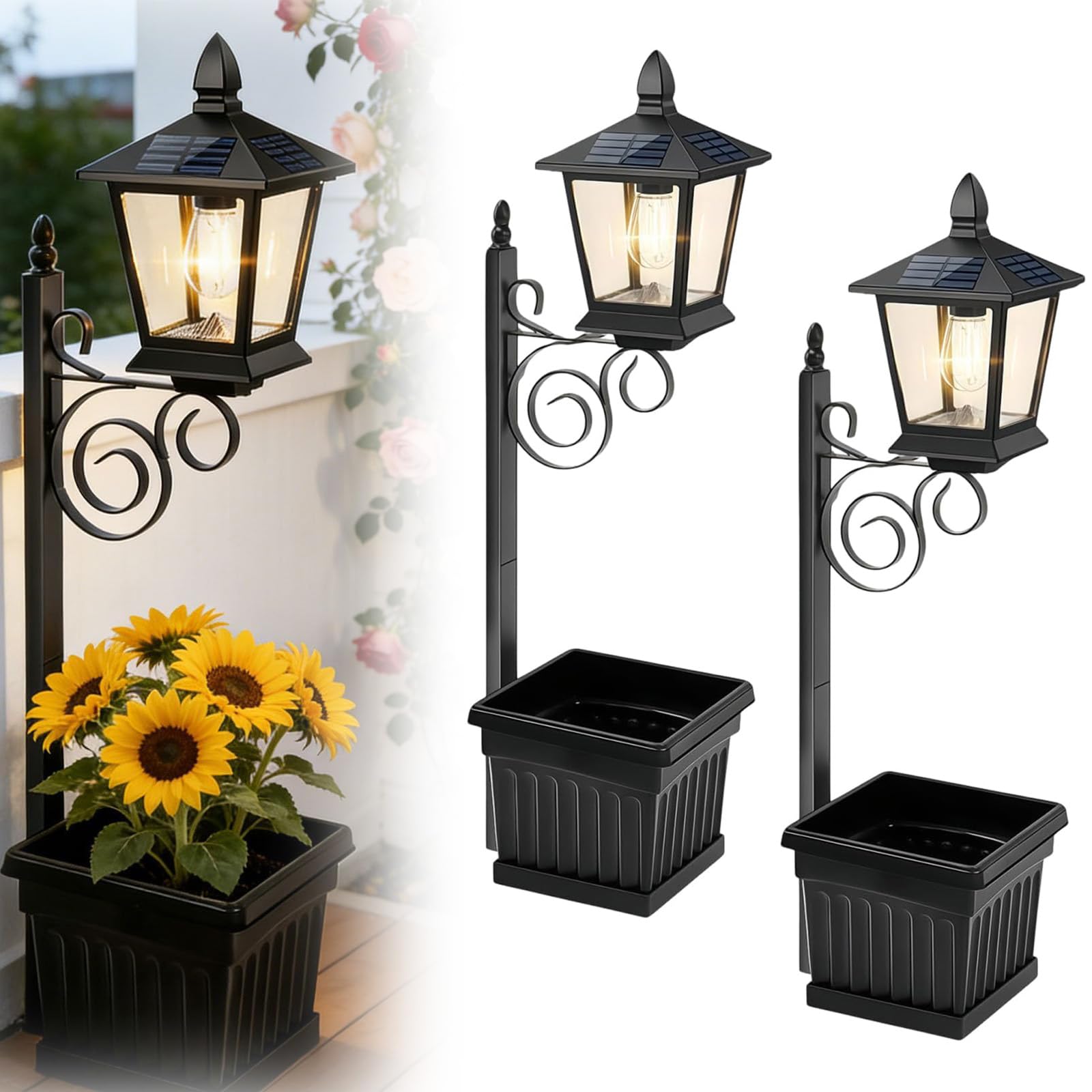Outdoor Flower Pot 2-in-1 Solar Floor Lamp, 2-in-1 Solar Lamp Post with Planter, IP65 Waterproof Warm White Light, Auto On/Off, 