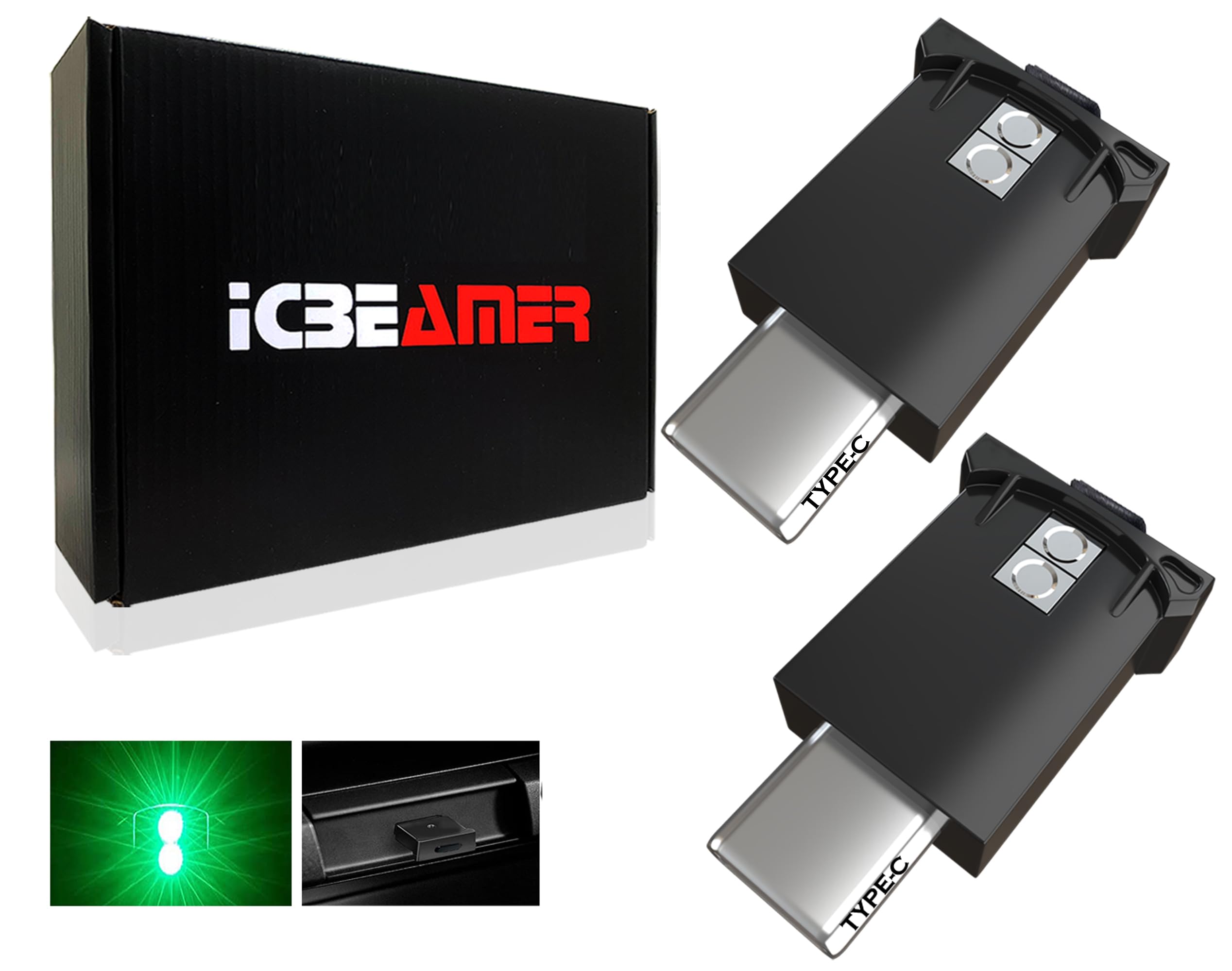 Icbeamer Type C Adapters Usb Atmosphere Led Light, 2 Pcs (Green) | Smart Interface Plug-In Miniature Led Night Light For Automot
