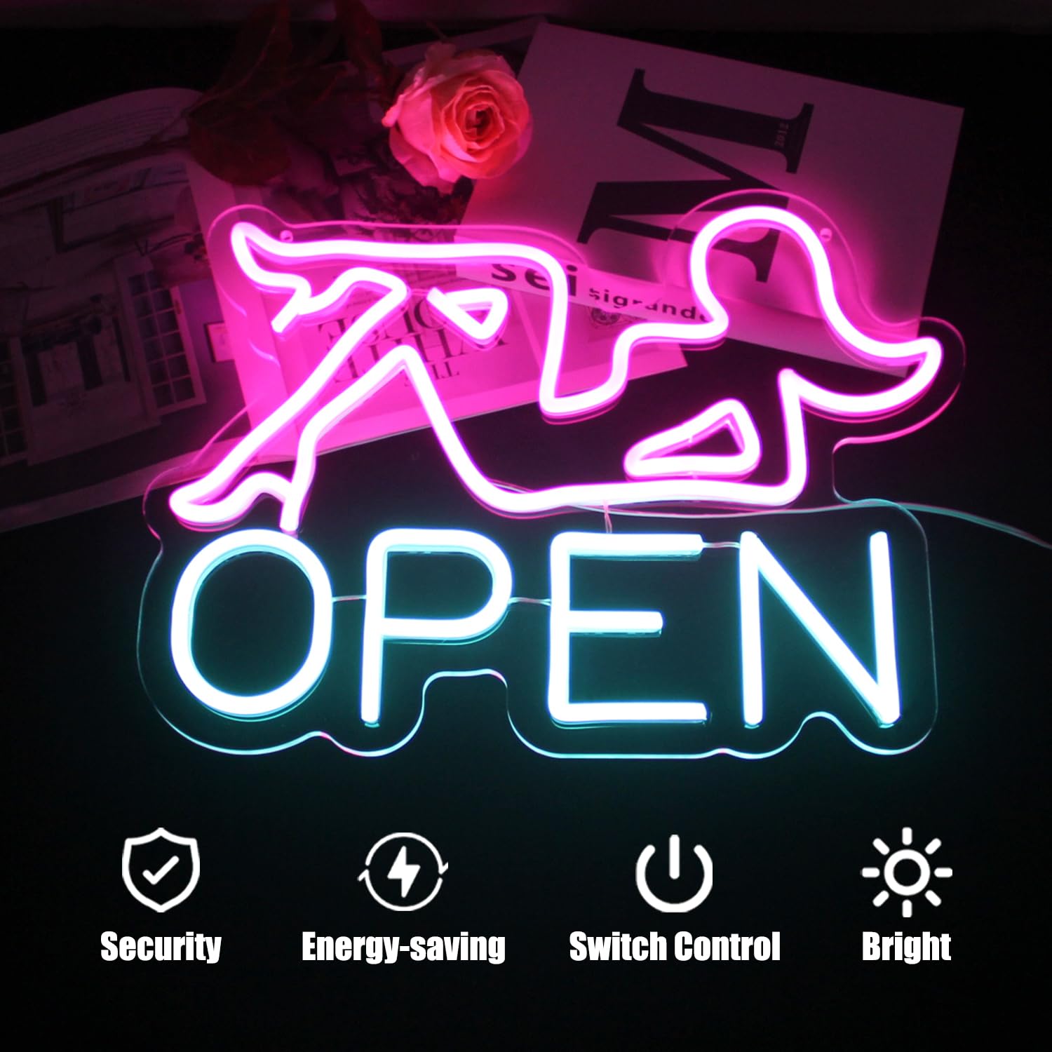 CKTBLEY Open Neon Sign LED Wall Decor - Pink Lady Design, USB Powered, 16.5 x 12.4 inches, Blue Pink Acrylic Light for Bar/Restaurant