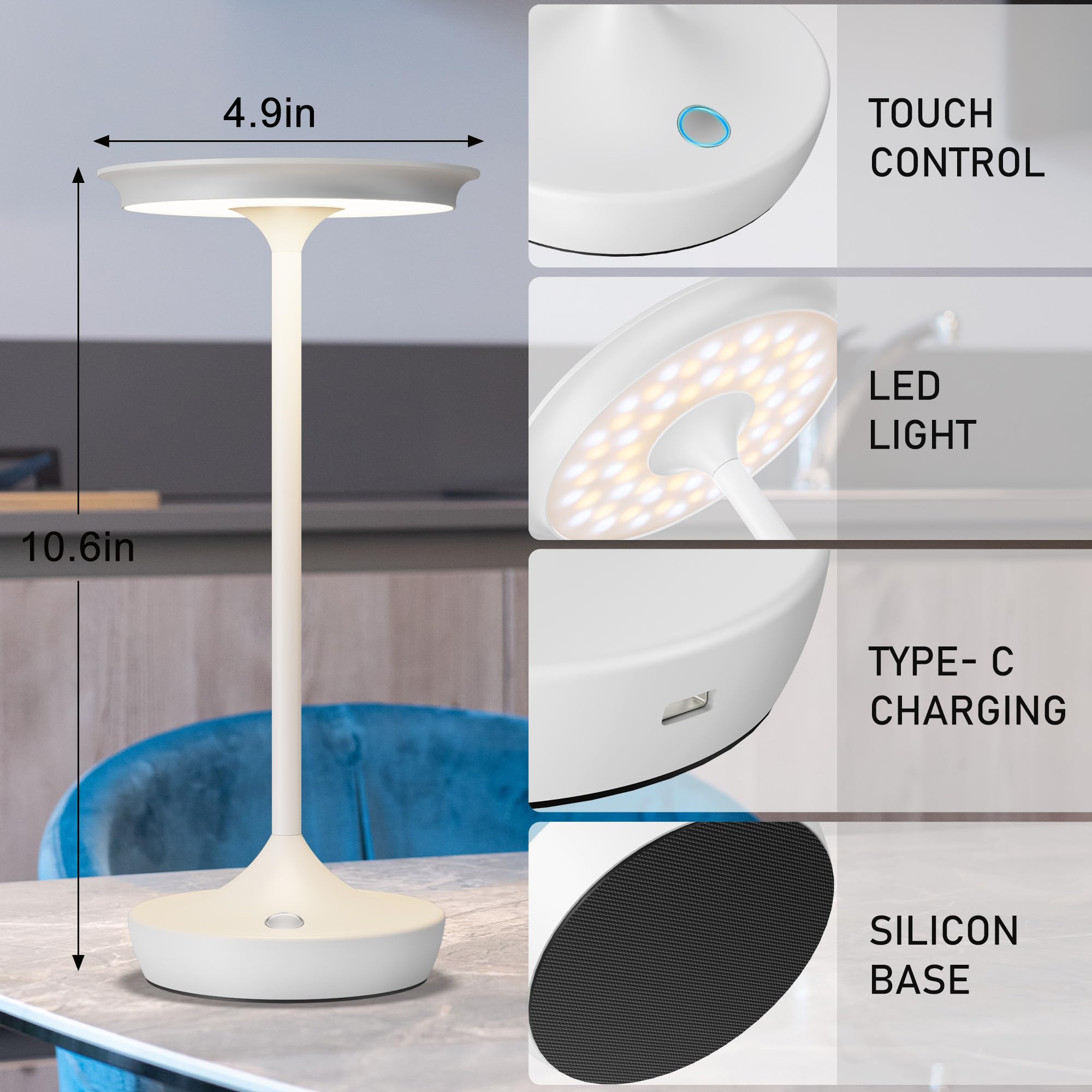 YHT Cordless Table Lamp, Waterproof 6000mAh Battery, 3 Color Dimming, Aluminum, White, Model 825, 1 Pack