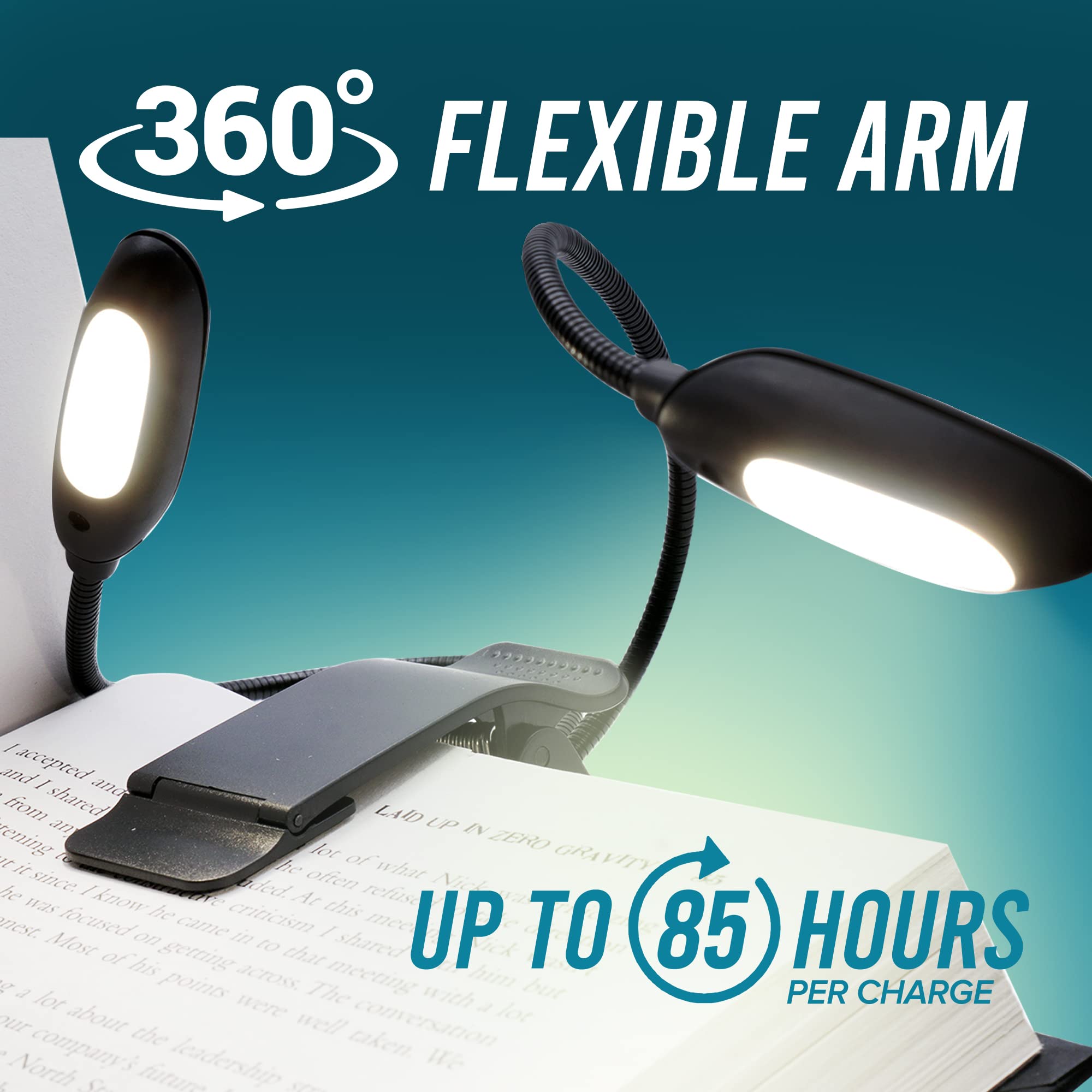 Ecologic Mart - Double Arm Rechargeable Book Light for Reading in Bed, Clip on Light for Reading Books with 9 Adjustable Reading