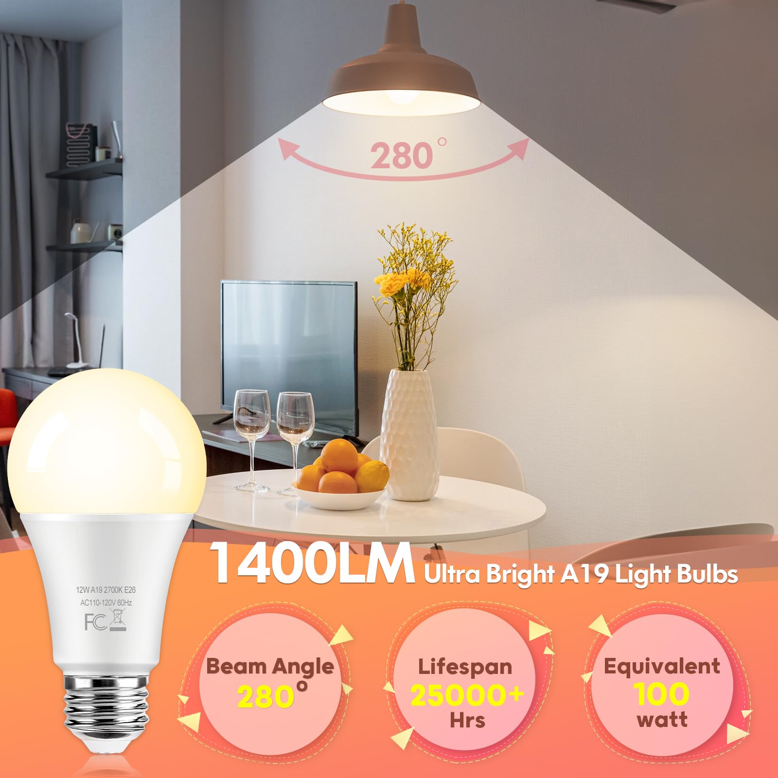 Led Light Bulbs 100Watt Equivalent 1400Lm Super Bright, A19 Warm White Light Bulbs 2700K, Standard E26 Medium Screw Base Led Bul