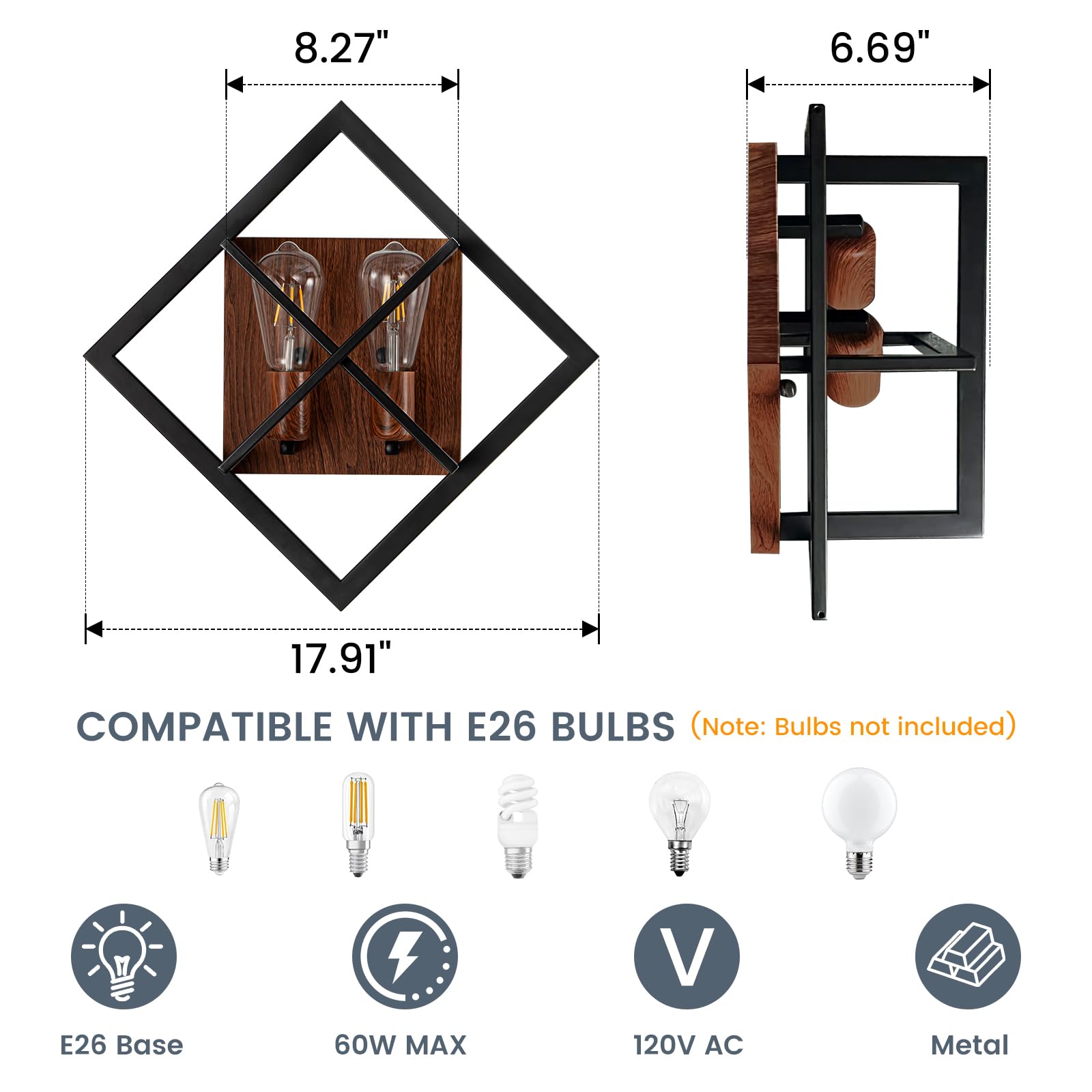 fengkeDU Farmhouse Wall Sconce Set of 2, Black & Wood, Metal, 17.8in, E26 Base, Rustic Indoor Light Fixtures
