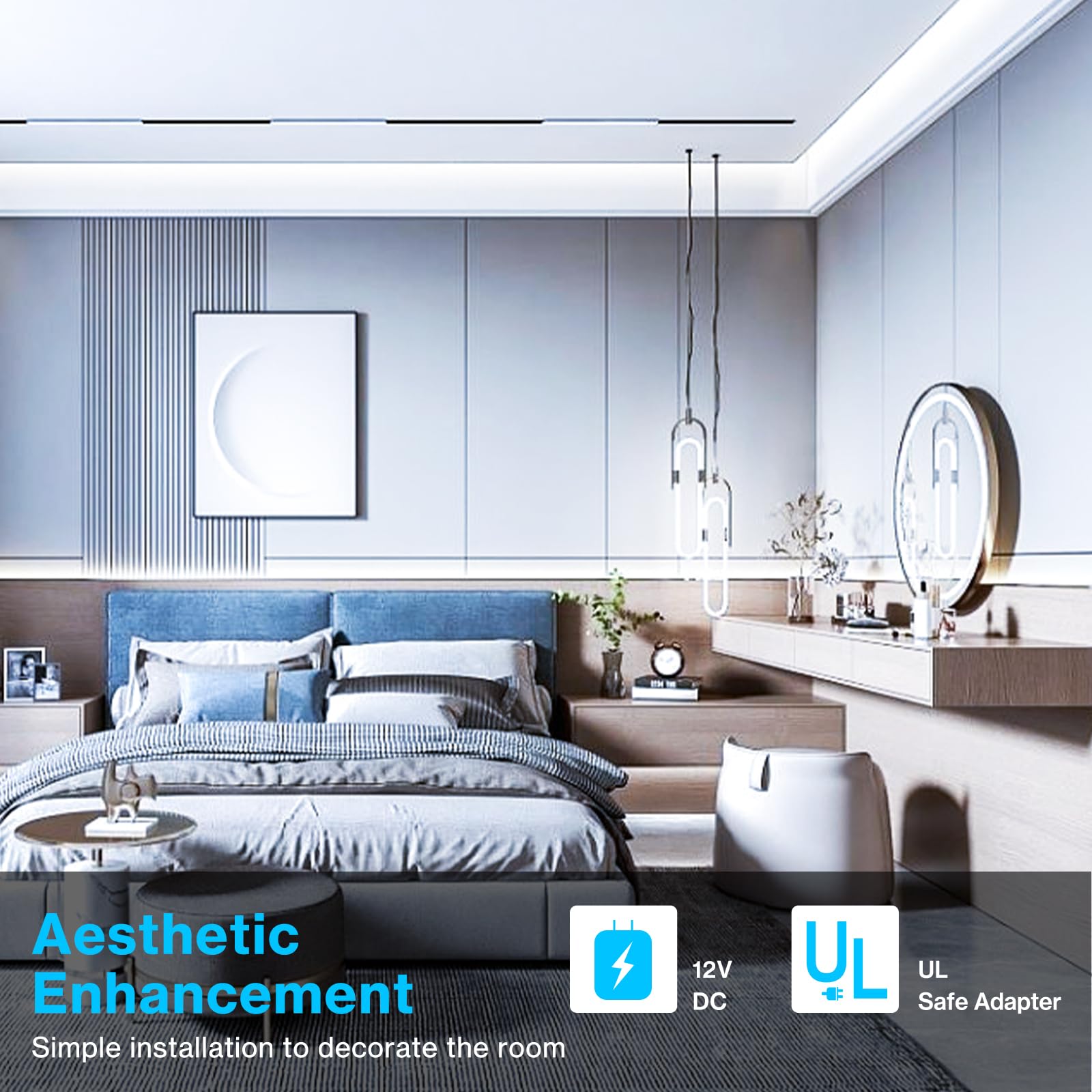 Olafus 32.8ft White LED Strip Lights, Dimmable 6000K Tape Lights, UL Listed Adapter, Model LA-96DTDW-US01-N-BK