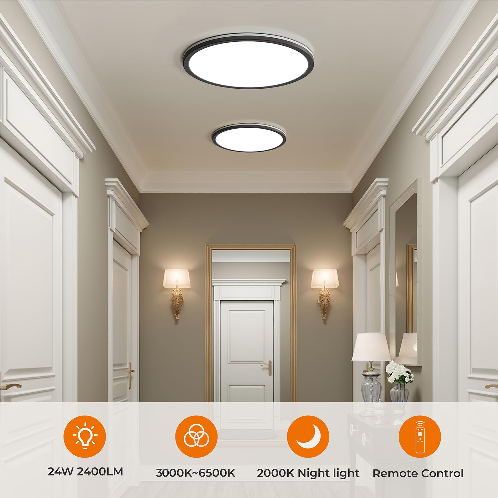 Matane 12In Led Flush Mount Ceiling Light Fixture With Remote Control, Nightlight 2000K Warm, 3000K-6500K Adjustable, Low Profil