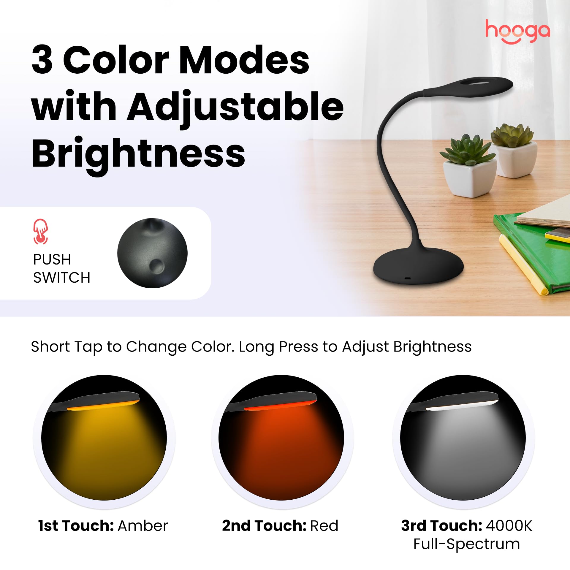 Hooga Desk Lamp, Blue Light Blocking, 3 Color Modes, 1600K Amber, Red, 4000K Full-Spectrum White Light. Office Lamp. Dimmable Re