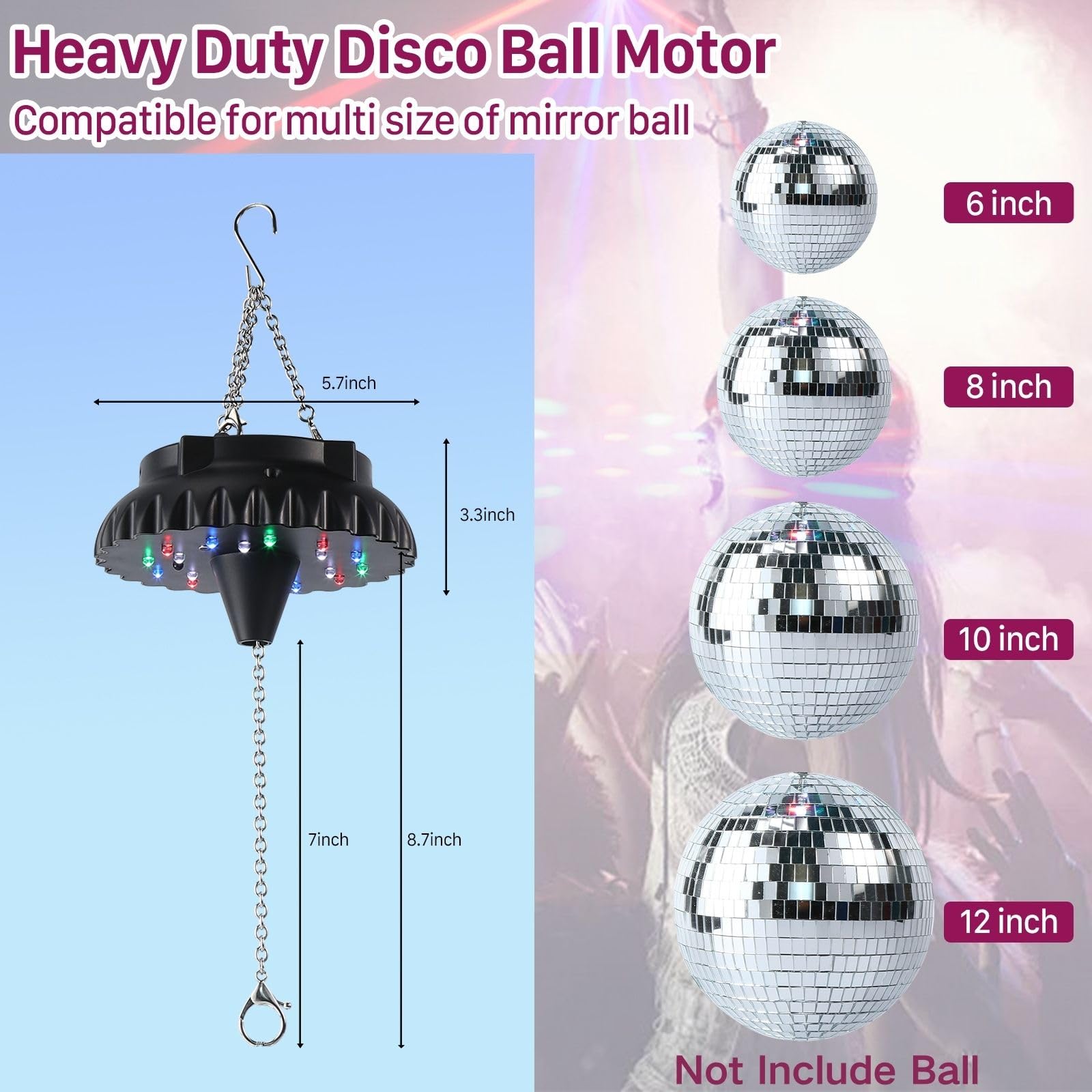 Disco Ball Motor Rotating With Light: Rechargeable Disco Ball Spinner With Remote Adjustable Speed - 18 Rgbw Led Light For Hanging Mirror Ball Wedding Party Decor