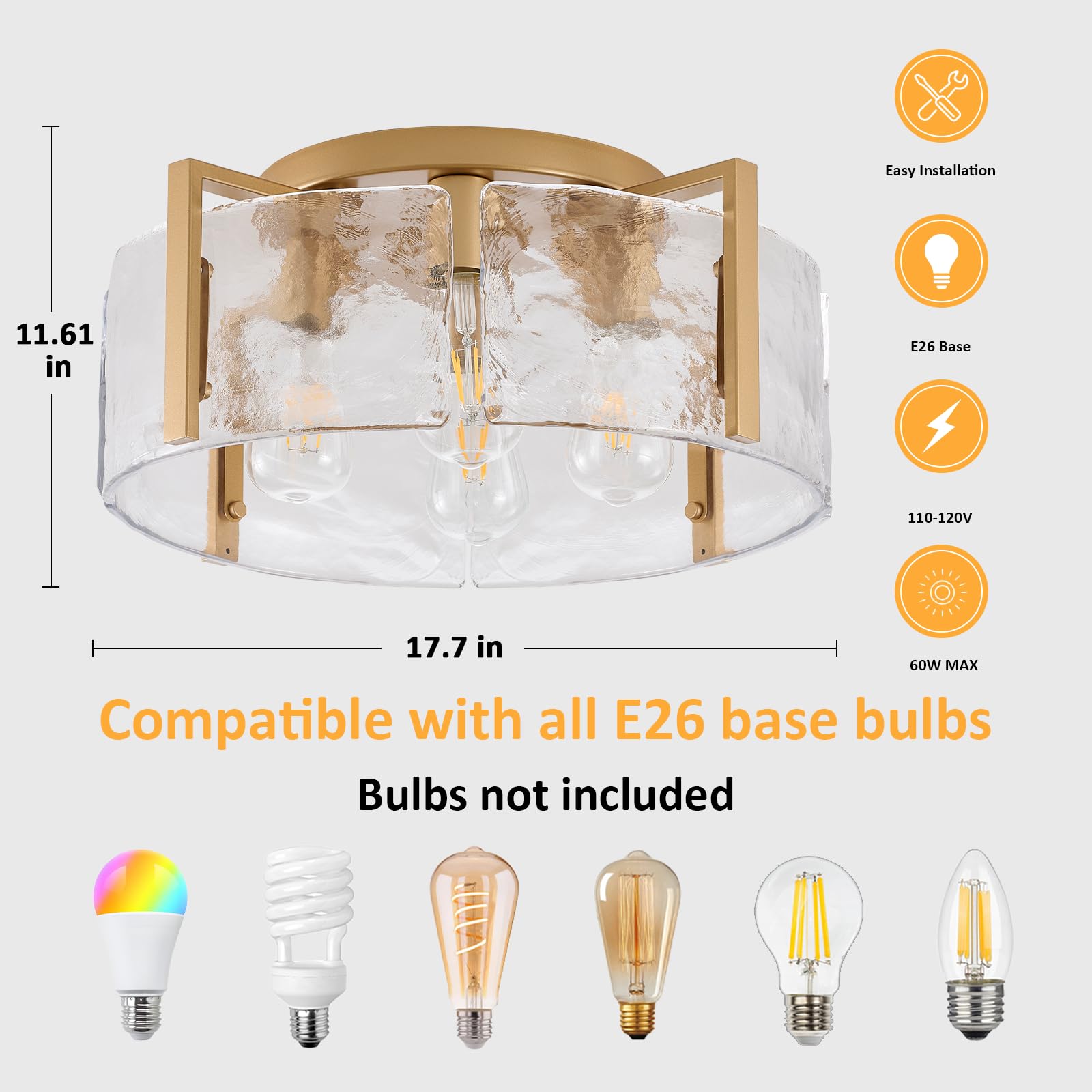 Aklmxcg Semi Flush Mount Ceiling Light Fixture, 4-Light Gold Modern Hallway Light Fixtures Ceiling Mount, Foyer Kitchen Lighting