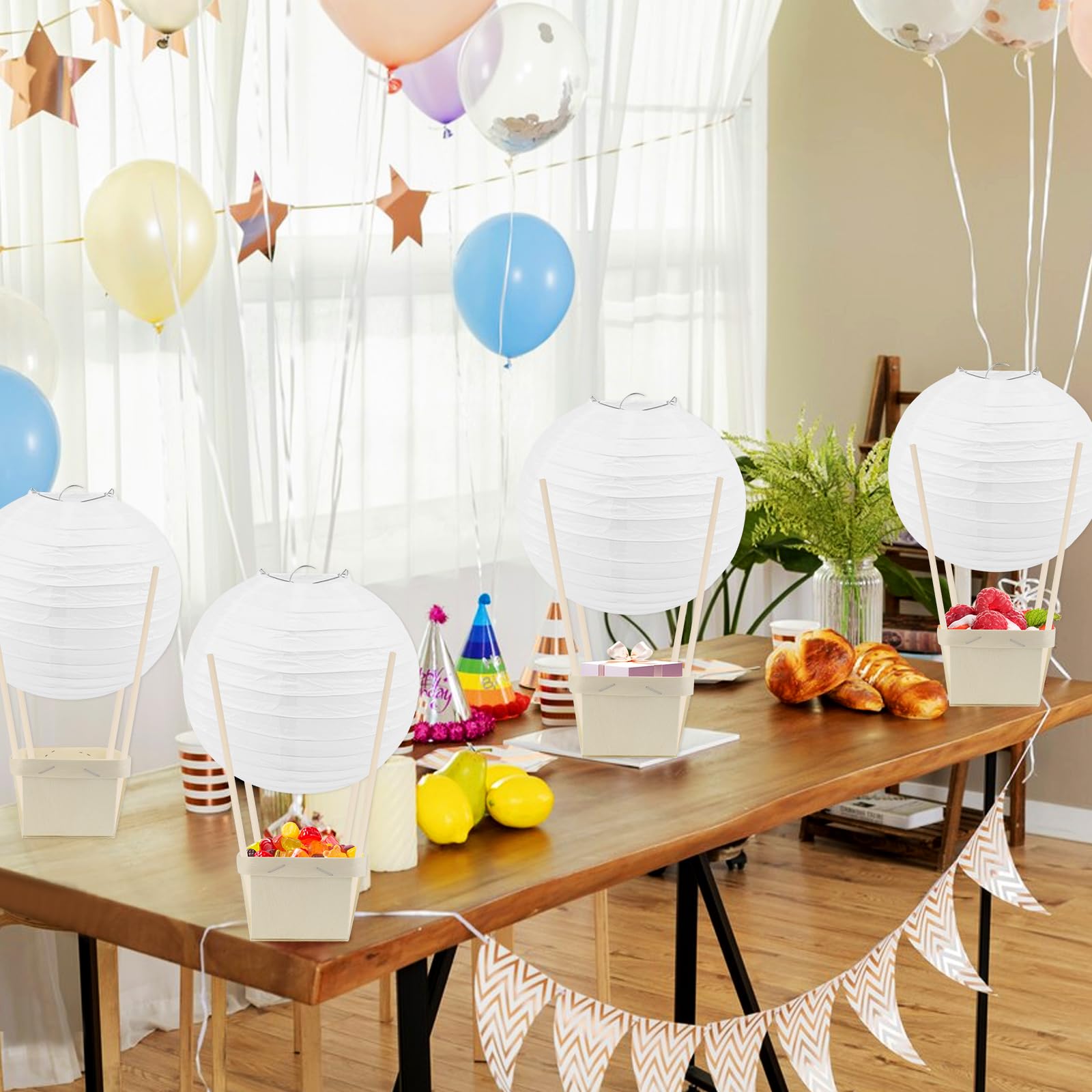 12Pcs Hot Air Balloon Paper Lanterns Table Centerpieces Decoration Diy Paper Lanterns Wooden Berry Boxes With Sticks For Birthda