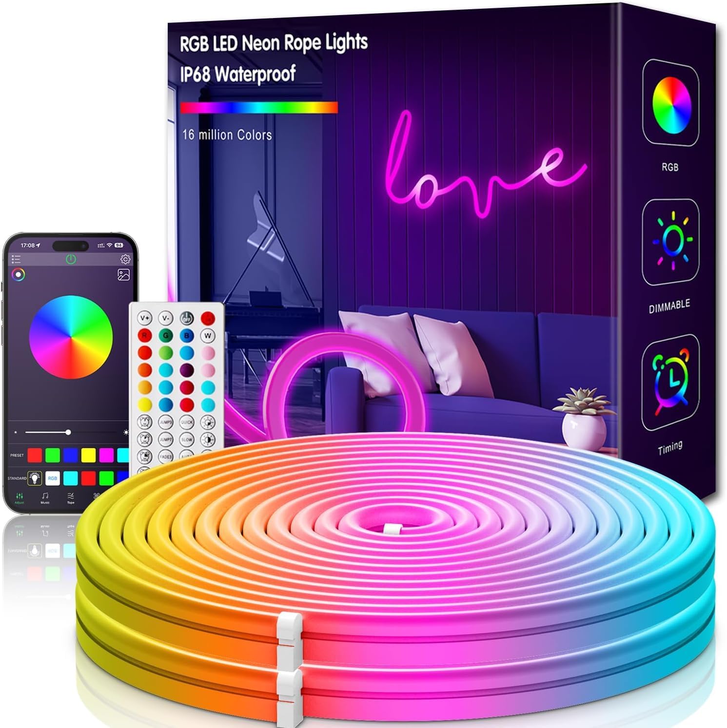 Kiko 32.8Ft Rope Lights  10M Led Strip Lights Remote App Control Ip67 Outdoor Neon Lights Music Sync Led Rope Lights Diy Mode Neon Flex Strip Lights For Bedroom Indoors Outdoors Decor