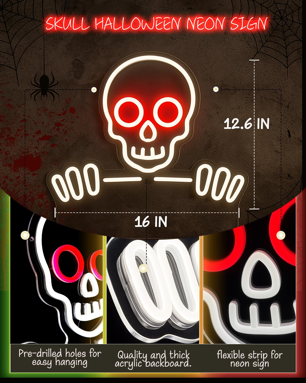 LIBFUGOR Skull & Skeleton Neon Sign, Dimmable LED Wall Light, USB Powered, 16’’×12.6’’, White Plastic Gothic Decor