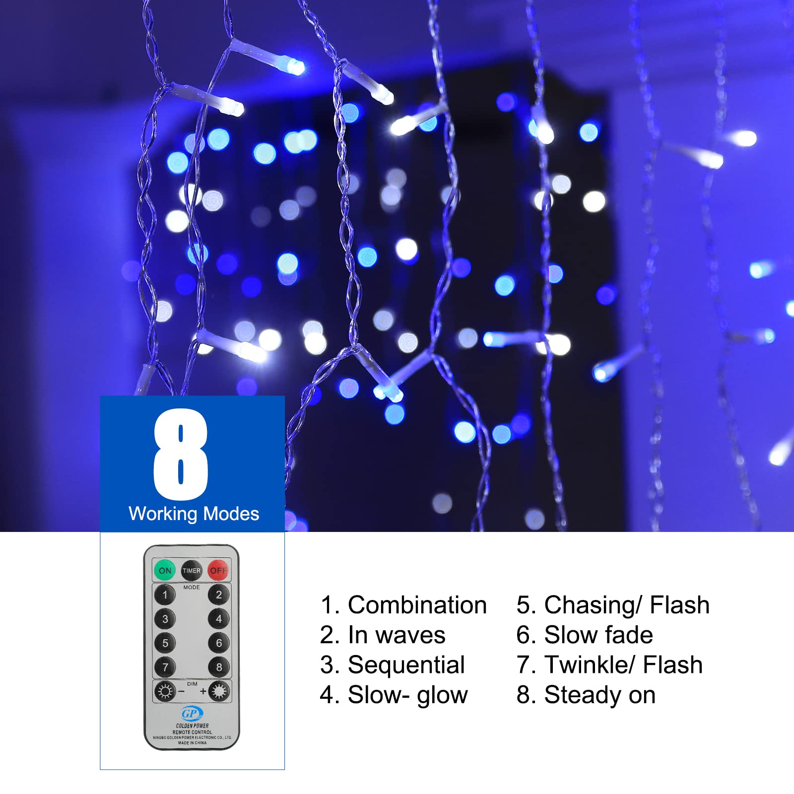 Brightown 33 FT Christmas Icicle Lights, 384 LED, Waterproof Twinkle Fairy Light, Blue & White, Model DMO-300