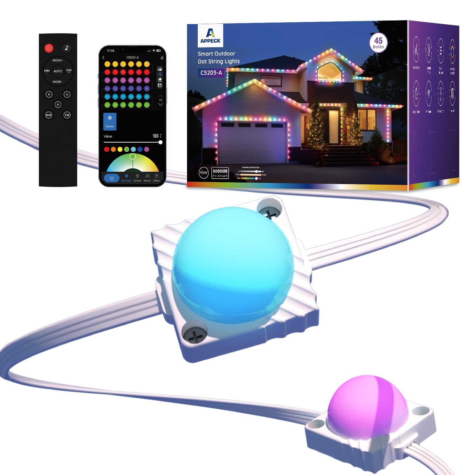 APPECK Outdoor LED Band Lights 50FT with 45 LEDs  Color Changing Permanent Outdoor Lights with 60lm Warm White  111+ Scene Modes  APP/Voice/Remote Control  for Windows Storefront Daily Holiday Decor