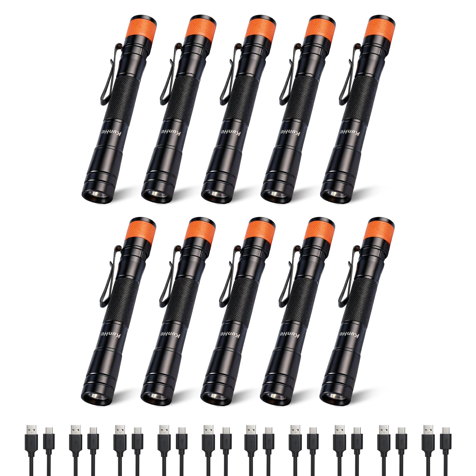 KunHe 180 Lumen LED Portable Rechargeable Pen Flashlight 10-Pack Waterproof Pocket Flash Light Single Mode Easy to Use with Clip