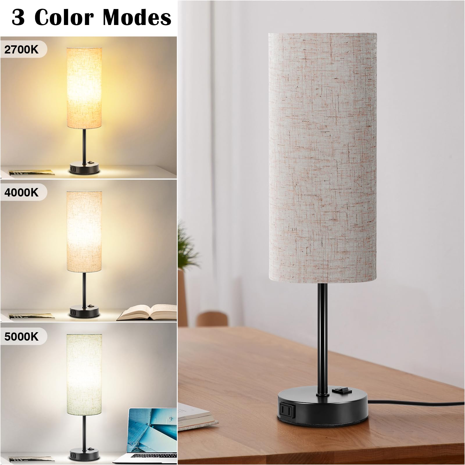 Zjojo Table Lamp For Bedroom 2 Pack,18In Bedside Lamps With 3 Way Dimmable Rocker Switch & Ac Outlet,Nightstand Desk Lamp With F