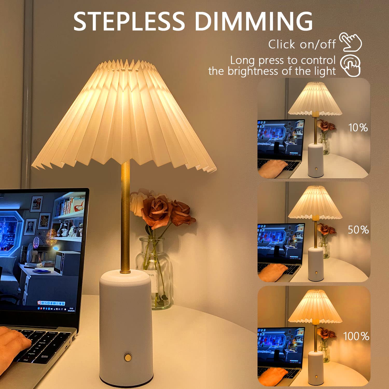 Chloranthus Cordless Table Lamp, Touch Control Stepless Dimming, 5000Mah Rechargeable Battery Pleated Desk Lamp For Bedroom/Beds