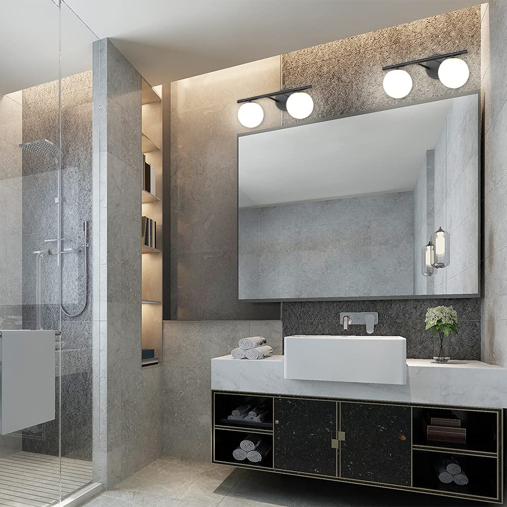 YHTlaeh New Bathroom 2 Vanity Light Fixtures Brushed Black Milk White Globe Glass Shade Modern Wall Bar Sconce Over Mirror