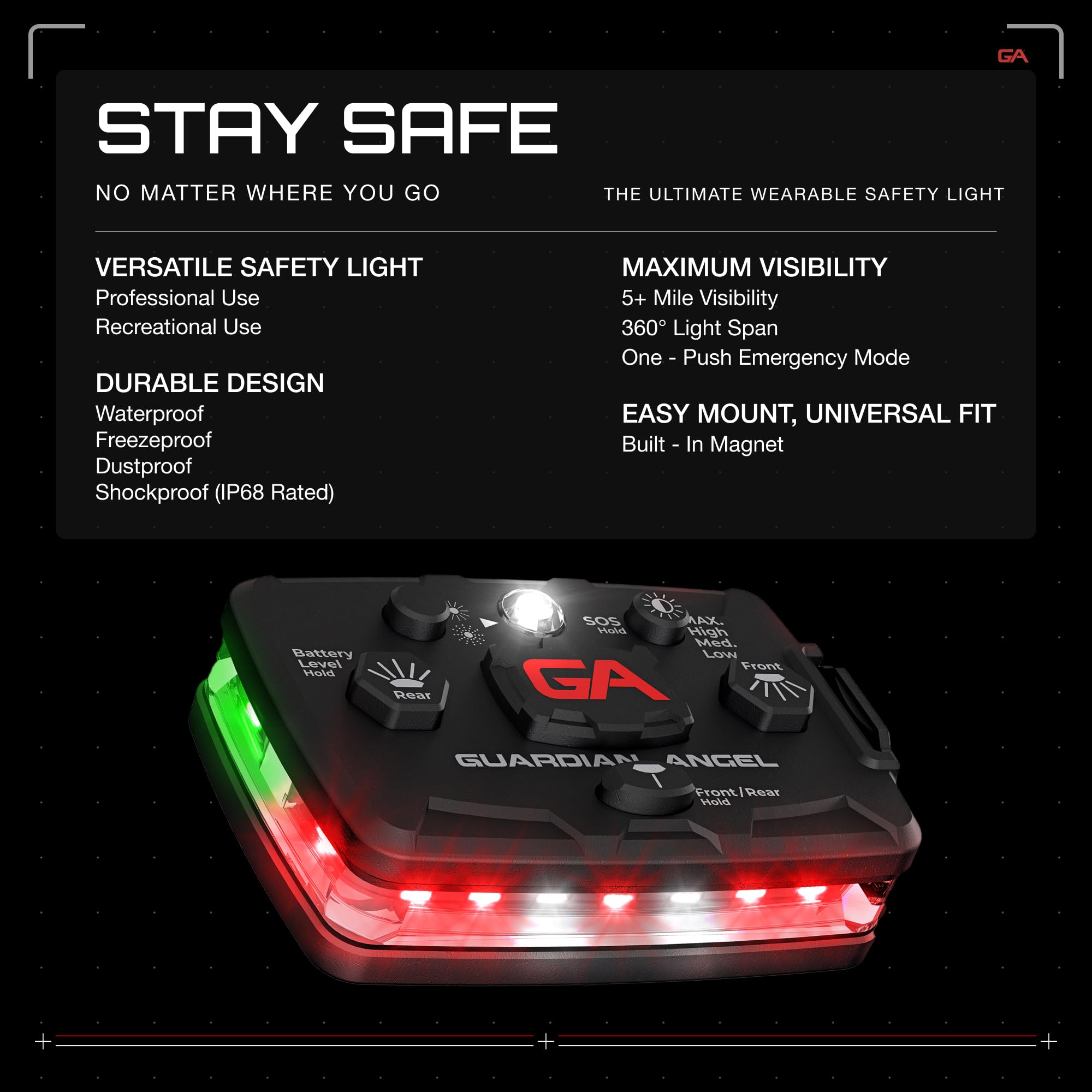 Guardian Angel Elite Series Safety Light (Red Front & Green Rear) - Rechargeable, Magnetic, Hands-Free Wearable/Mountable Led Li