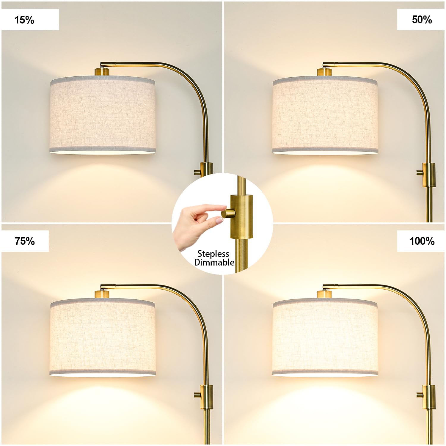 Brass Arc Floor Lamp - Dimmable Led With White Shade For Living Room, Bedroom, Office & More