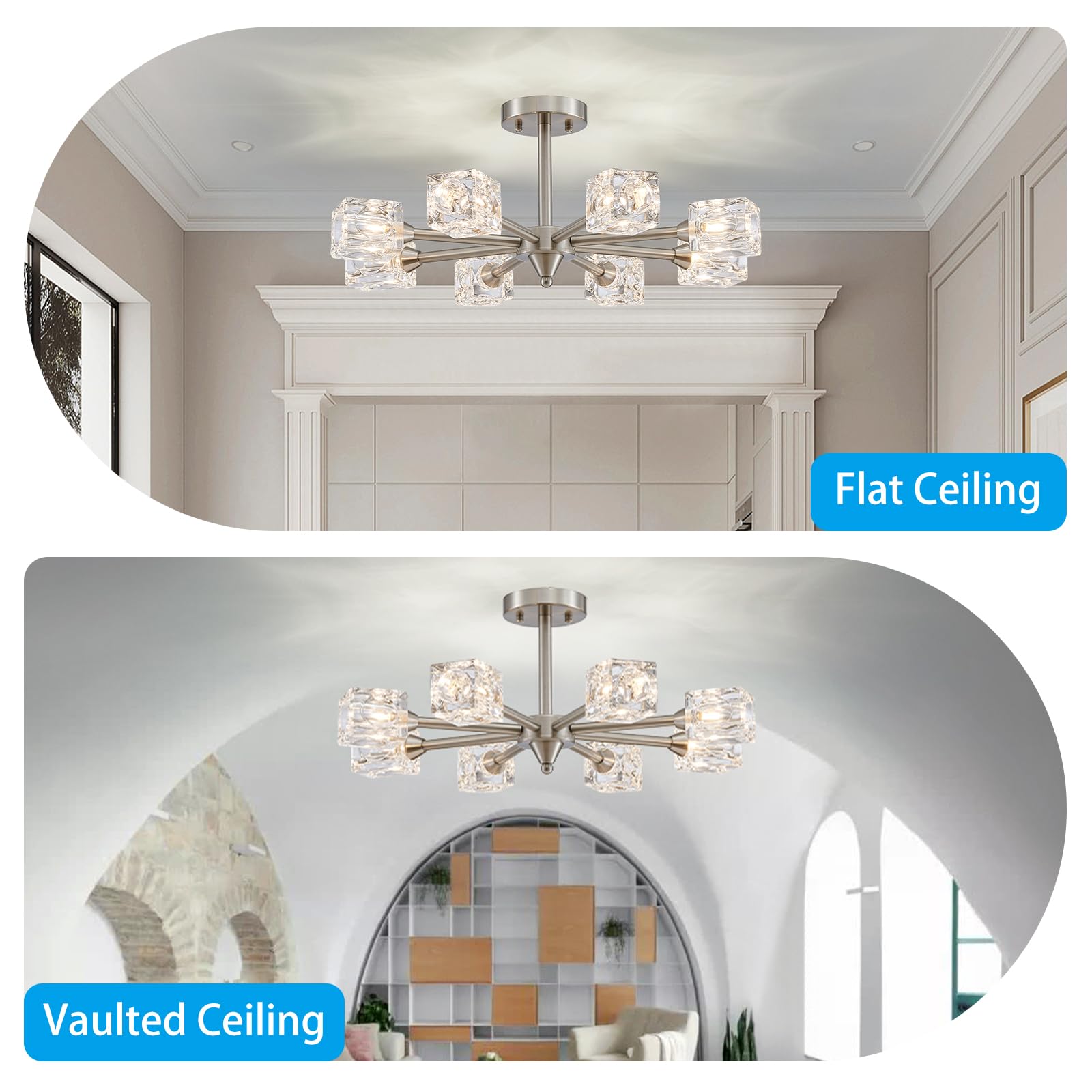 Xingqi Semi Flush Mount Ceiling Light Fixture 8-Light Brushed Nickel Modern Sputnik Chandeliers Lighting Fixtures For Dining Roo