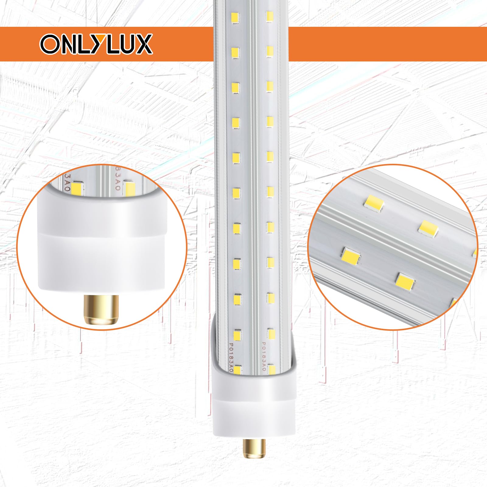ONLYLUX 8ft LED Shop Light Bulbs, 72W 6000K, 10000lm, V Shape FA8, Pack of 12, Clear Cover