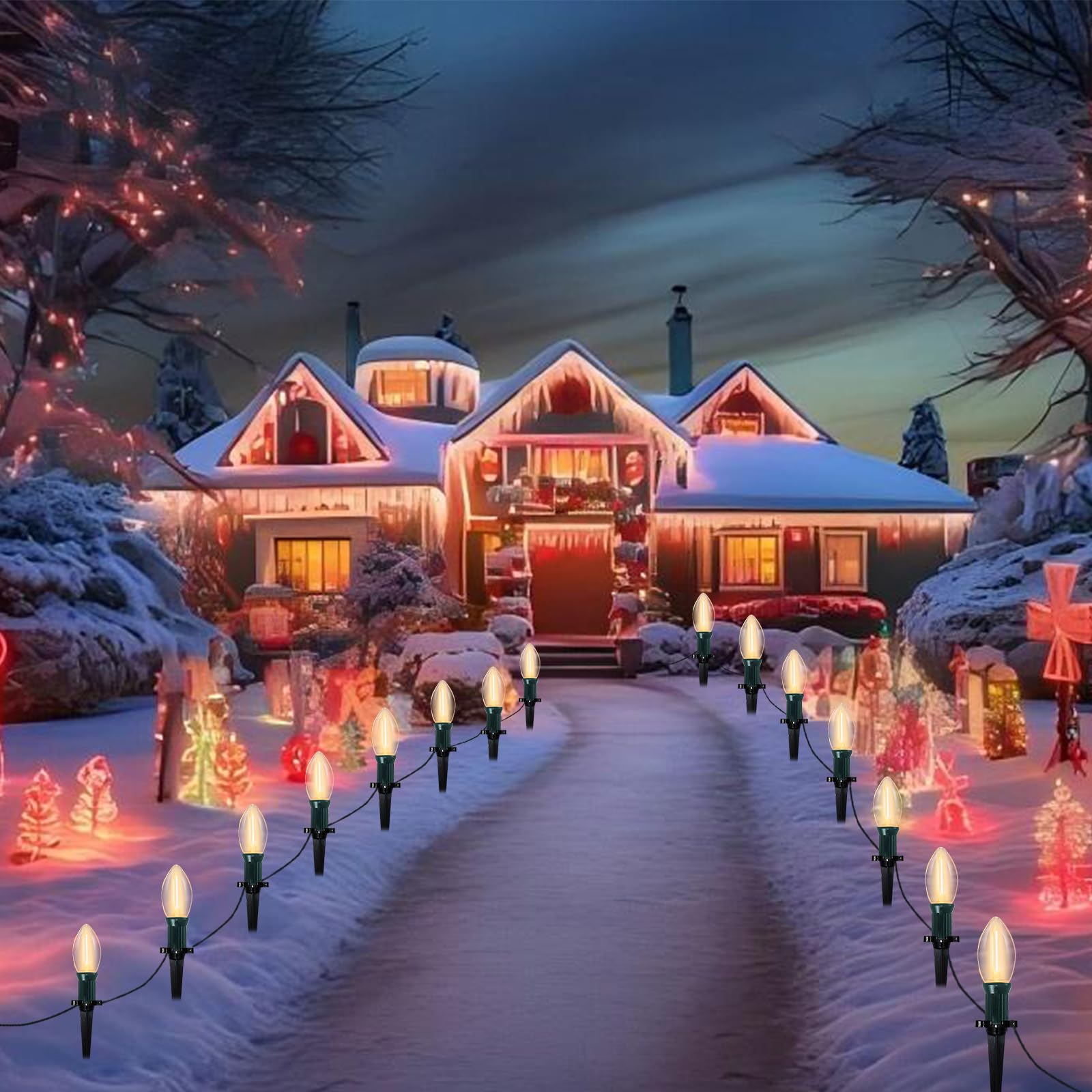 38Ft C9 Led Christmas Pathway Lights Outdoor, 25 C9 Led Warm White Bulbs String Lights Waterproof With Stakes, Connectable Chris