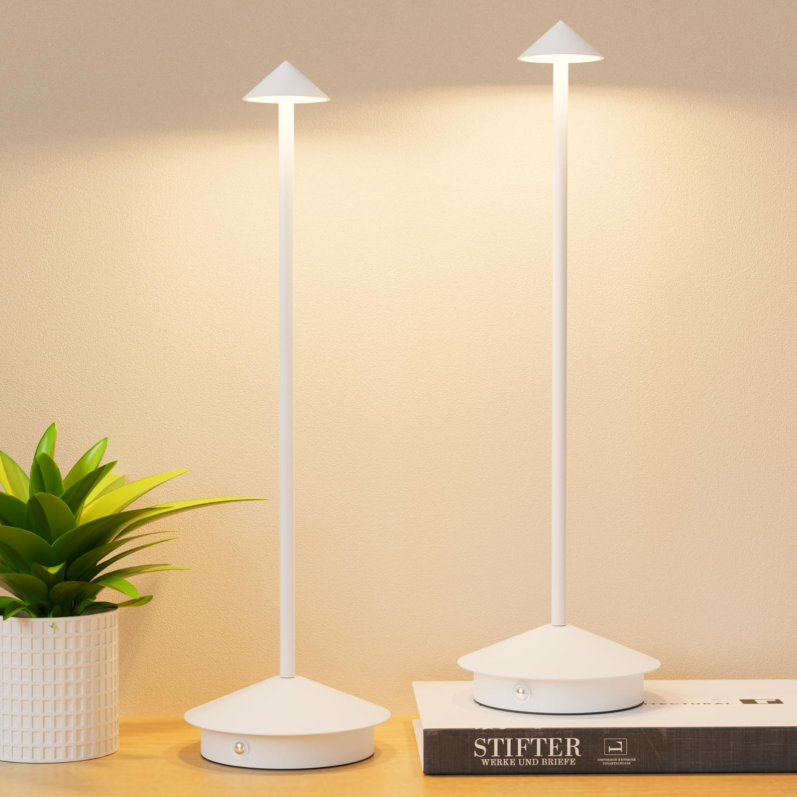 Aoceley Rechargeable LED Table Lamps, 6000mAh, Waterproof, 3-Color Dimmable, Model HT015, Portable, White, 2-Pack