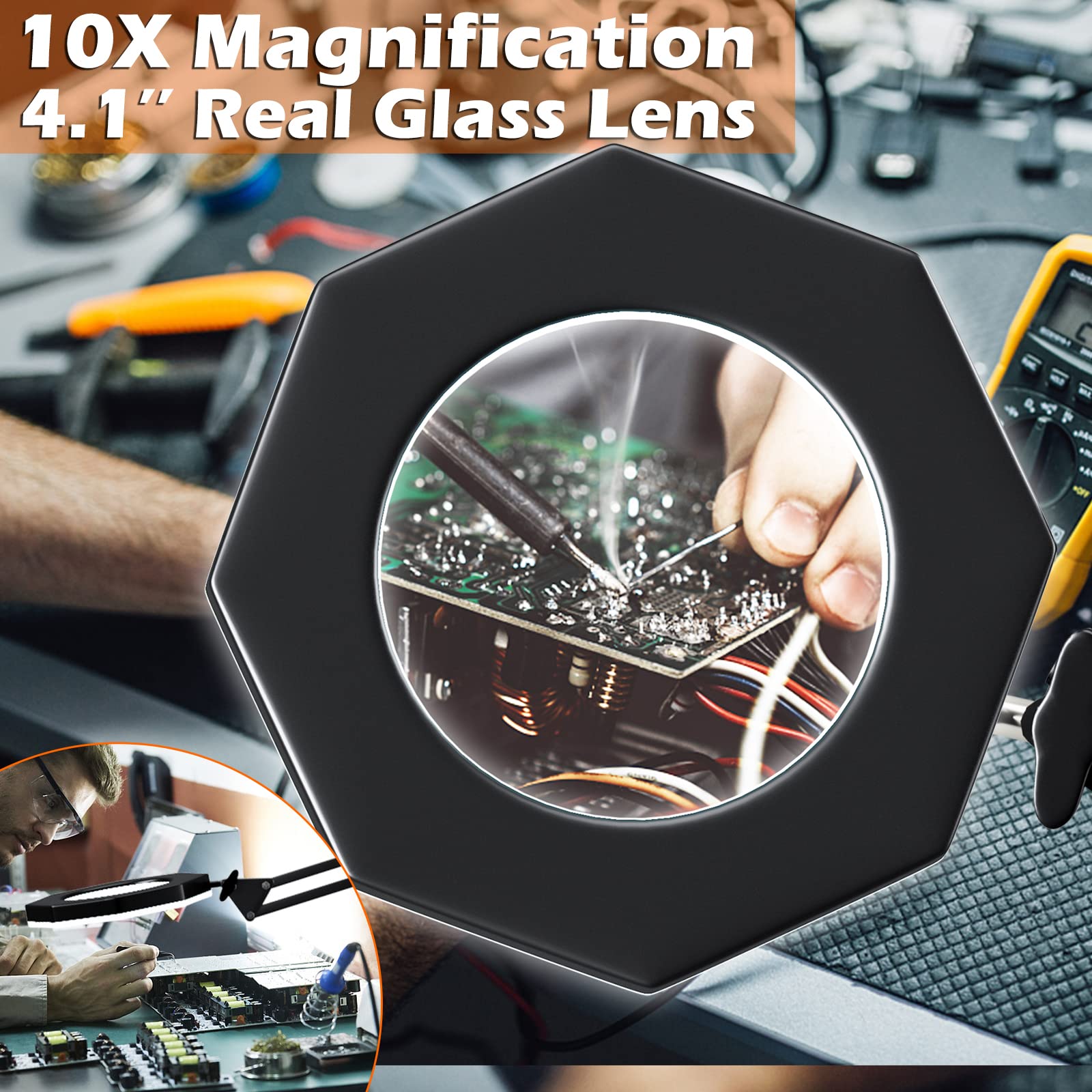 10X Magnifying Glass With Light And Stand,Kuvrs 2200 Im 3-Color Led Magnifying Lamp, Magnetic Helping Hands, Adjustable Arm Large Base & Clamp Magnifier With Light For Soldering Craft Hobby Close Work