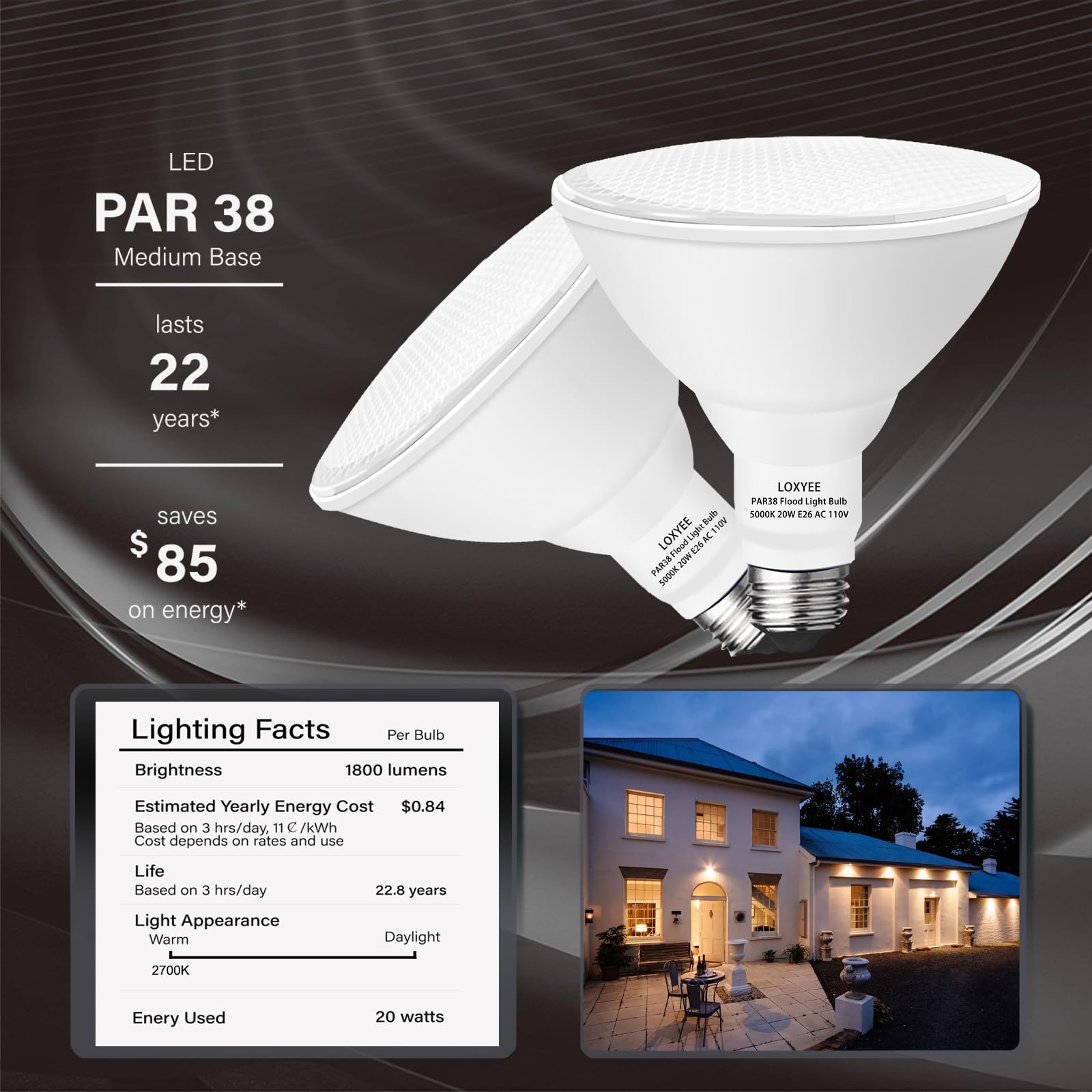 Loxyee 2 Pack Led Par38 Dusk To Dawn Flood Light Bulbs Outdoor ,20W(200W Equivalent) E26 Base Flood Light Bulbs,2700K Daylight 1