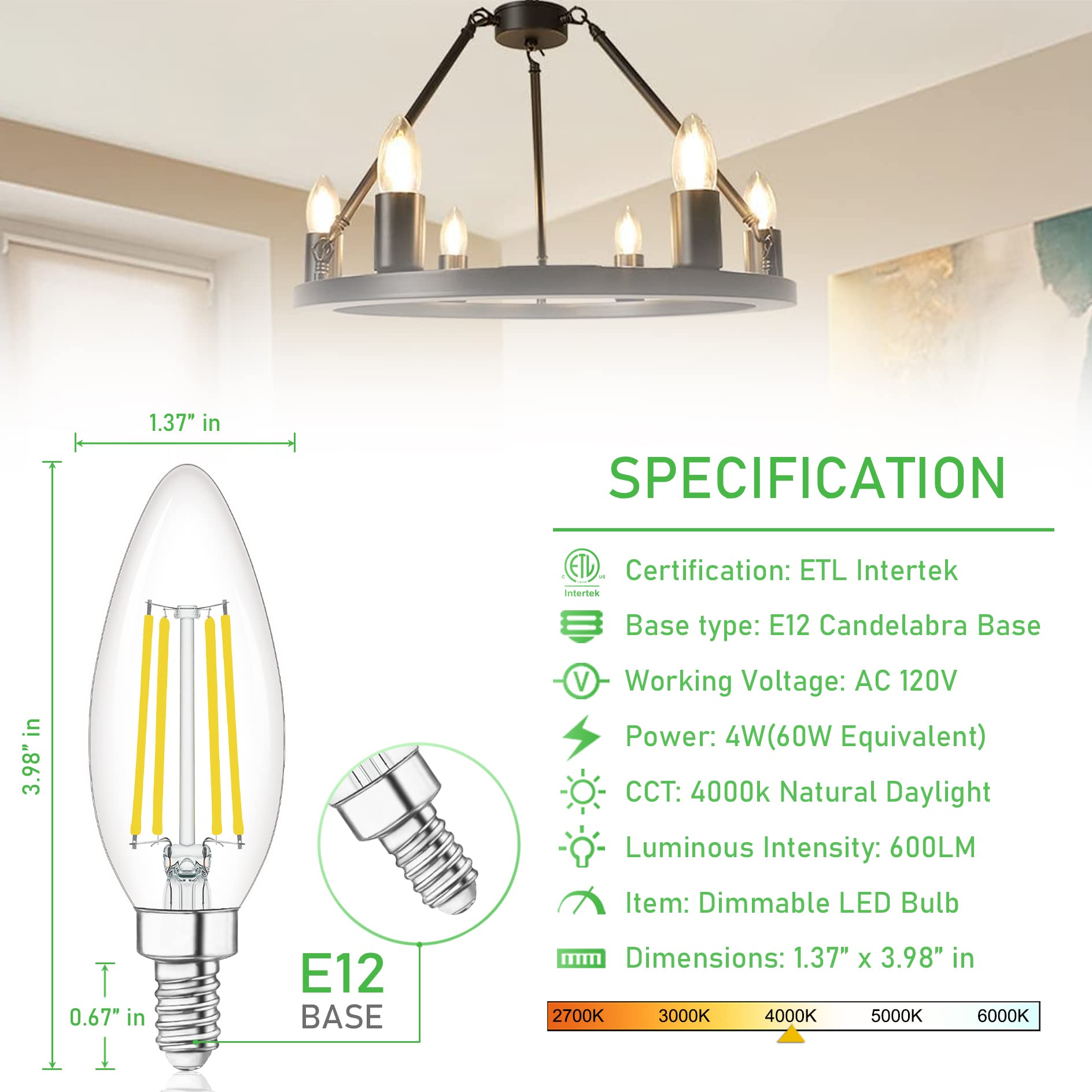 winshine 10 Pack Dimmable E12 Candelabra Light Bulbs, 4W 4000K Natural Daylight, B11, 600LM, Glass, 60W Equivalent