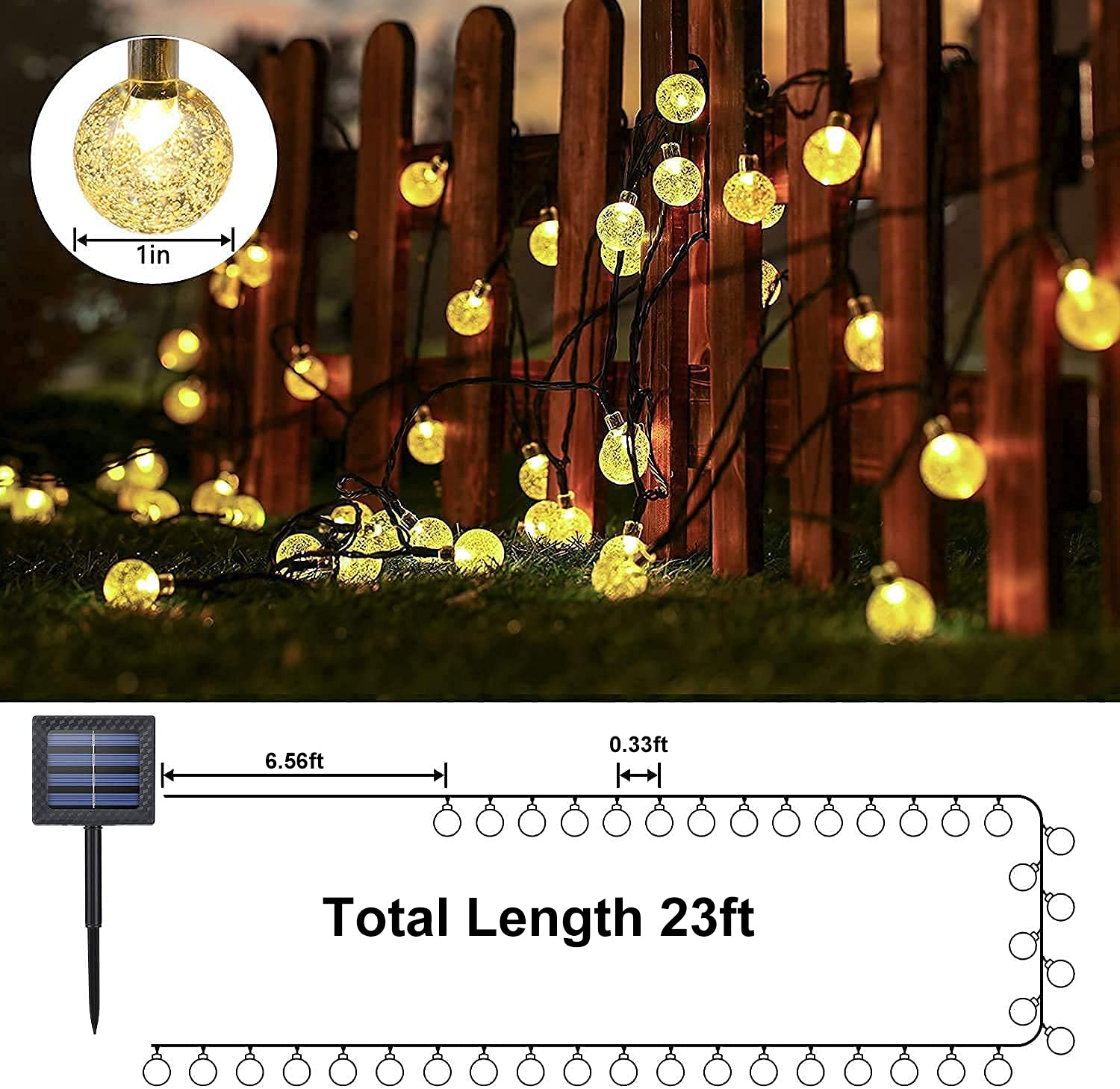 Lezonic Solar String Lights, 50 LED Waterproof Crystal Globe, 7M/24Ft, Warm White, 8 Modes for Garden, Patio, Christmas, Wedding