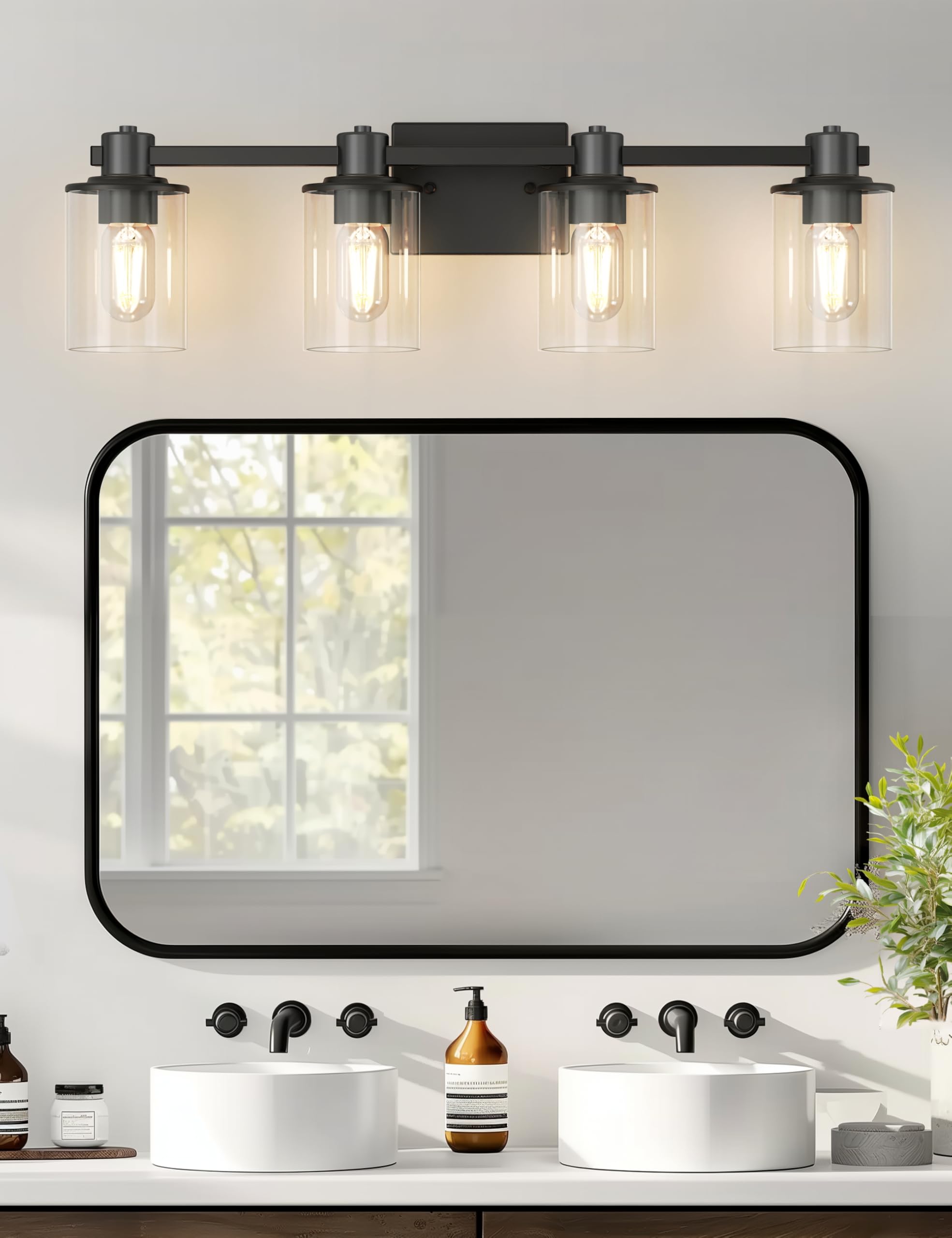DORESshop 4-Light Black Bathroom Light Fixtures, Modern Glass Shade Vanity Lights, Model DORESshop-BL-4L