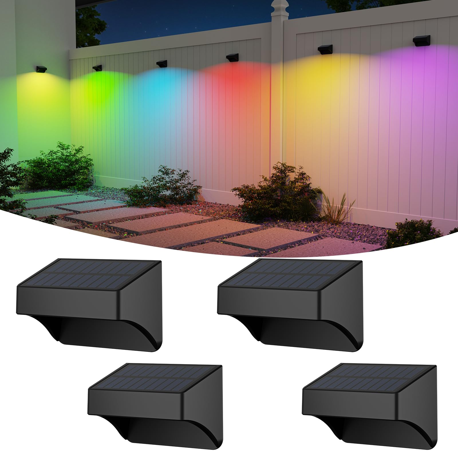 ZCXLIGHT Solar Fence Lights Outdoor, Waterproof LED RGB Colors, 4 Pack, Black, Model ZCXLIGHT001