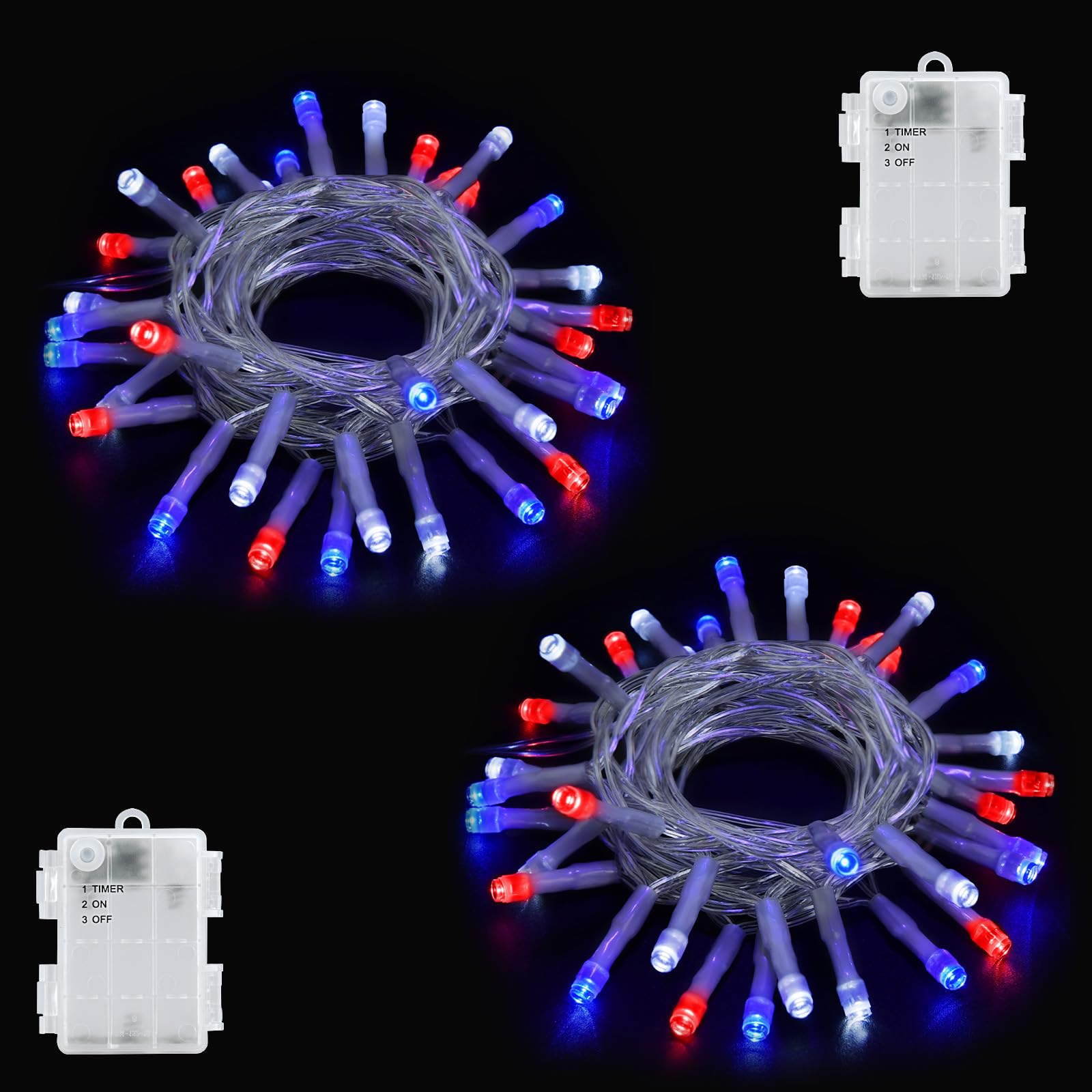 cshare Battery Operated 4th of July Lights, 30 LED, 9.8ft, Red White and Blue, Waterproof with Timer, Model CS-FSZC-3SCX2