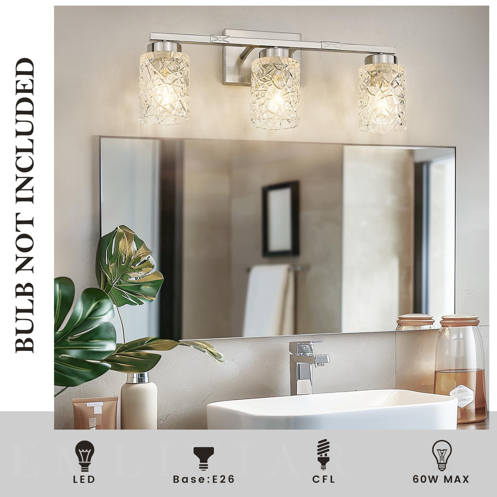 Emliviar 3-Light Vanity Lights With Clear Geometric Glass, 22    Modern Brushed Nickel Wall Light For Mirror, E26 Base, He294B-3