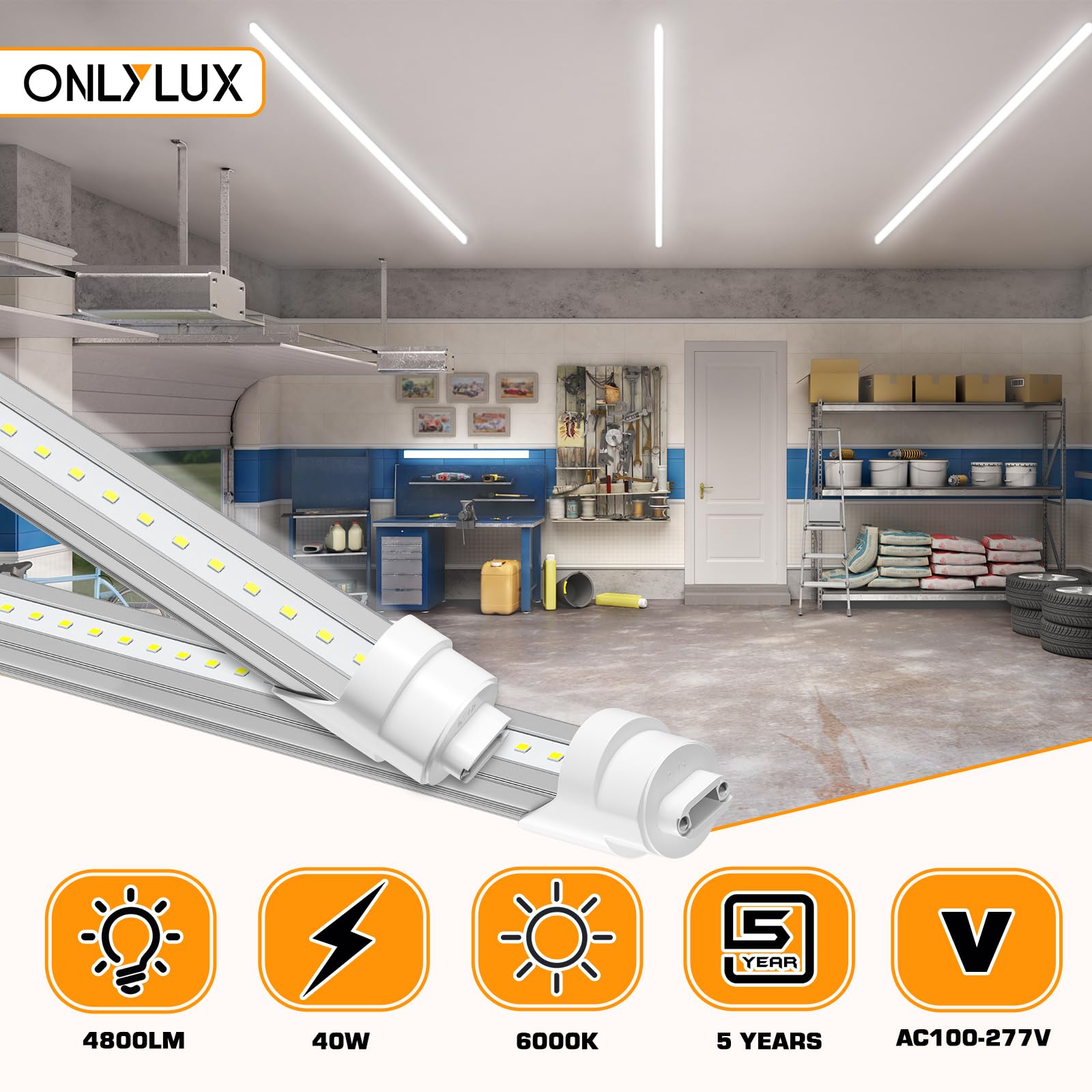 Onlylux 8Ft R17D Led Tube Light, 4800Lm, 6000K, Replace T8/T12