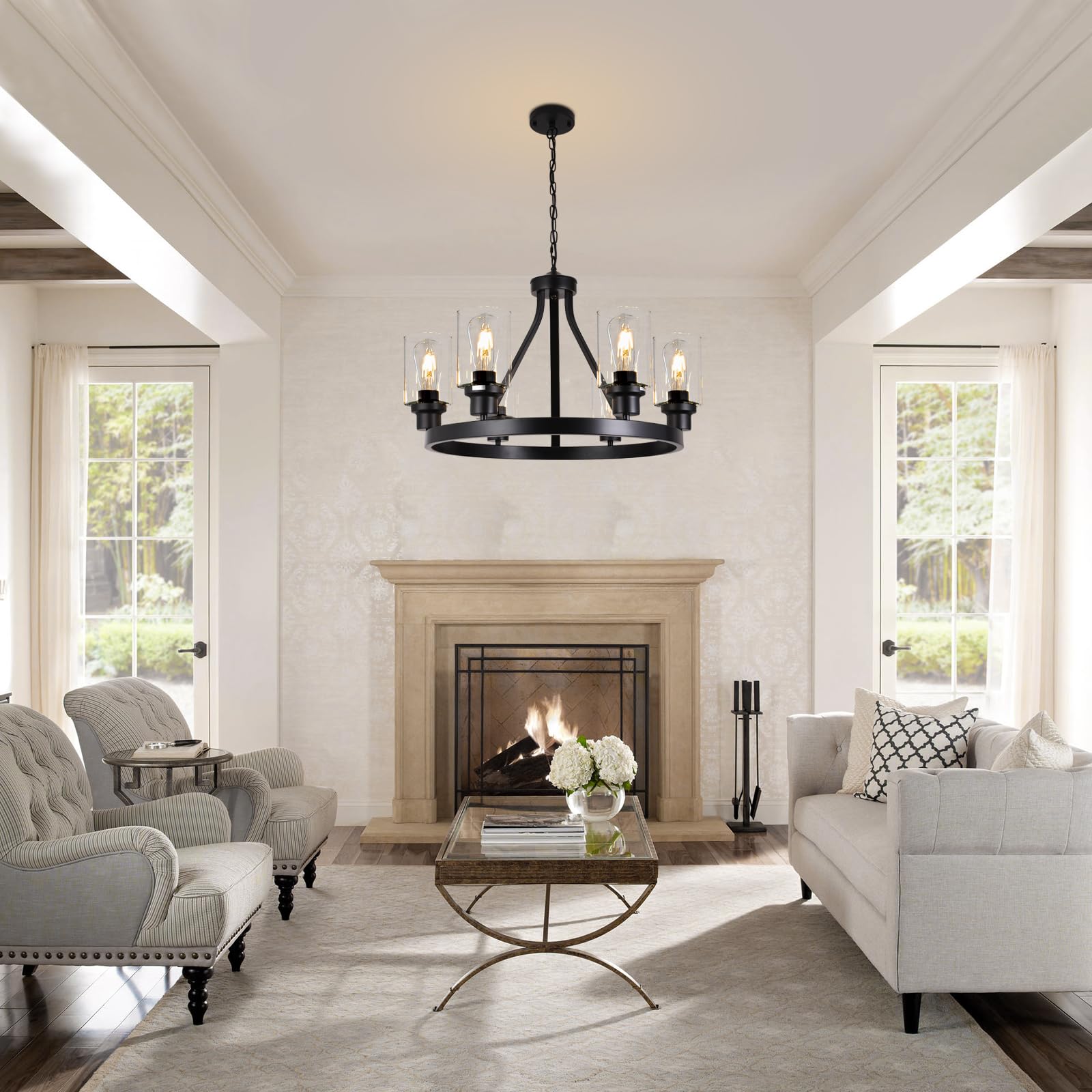 Lanhall 6-Light Farmhouse Chandelier, Black Metal, Adjustable Height, Glass Accents, Modern Rustic Lighting for Dining Room and Kitchen Island