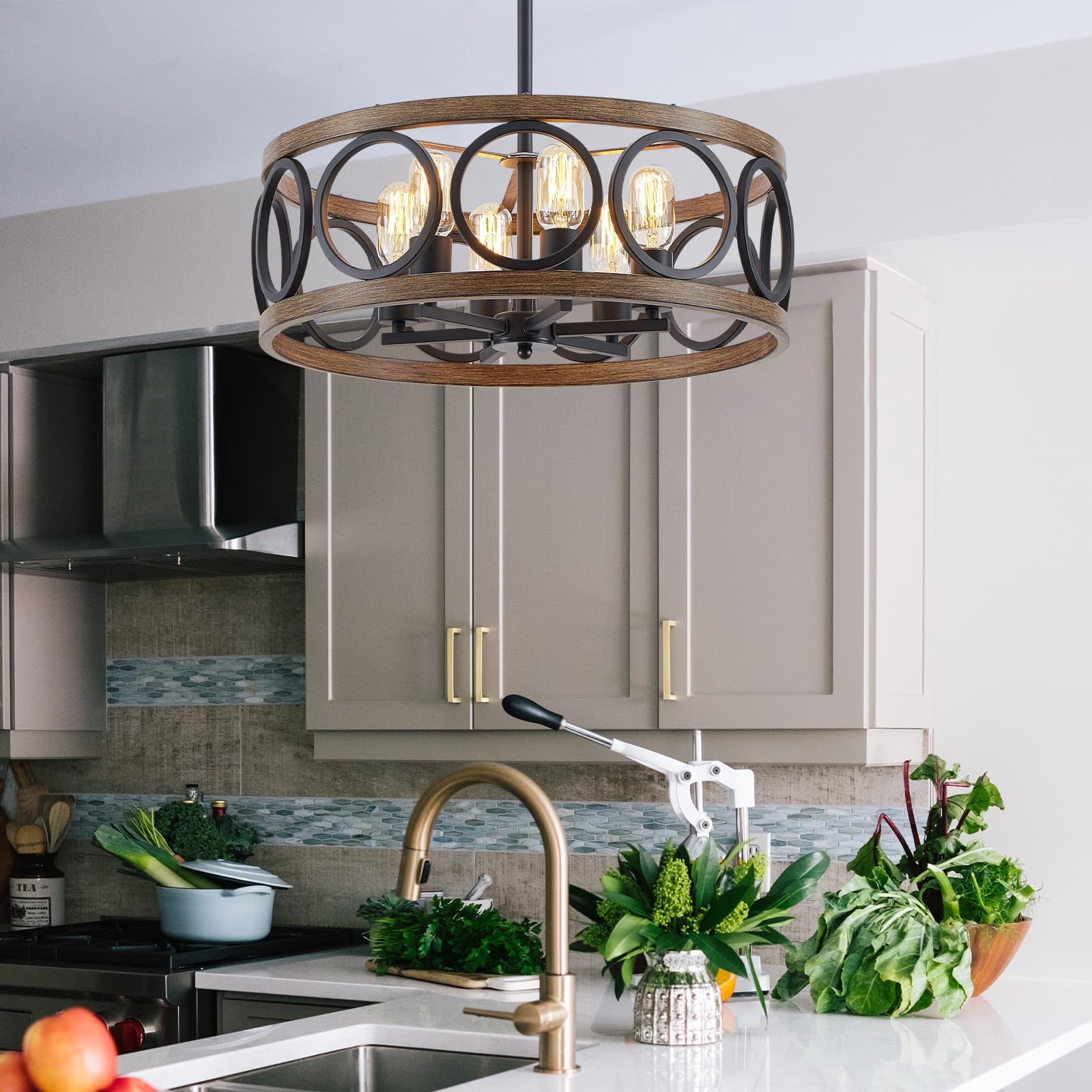 Peskoe Chandeliers For Dining Room, 19.7'' Farmhouse Modern Black And Wood Grain Metal Pendant Light, Drum Rustic Living Room Be