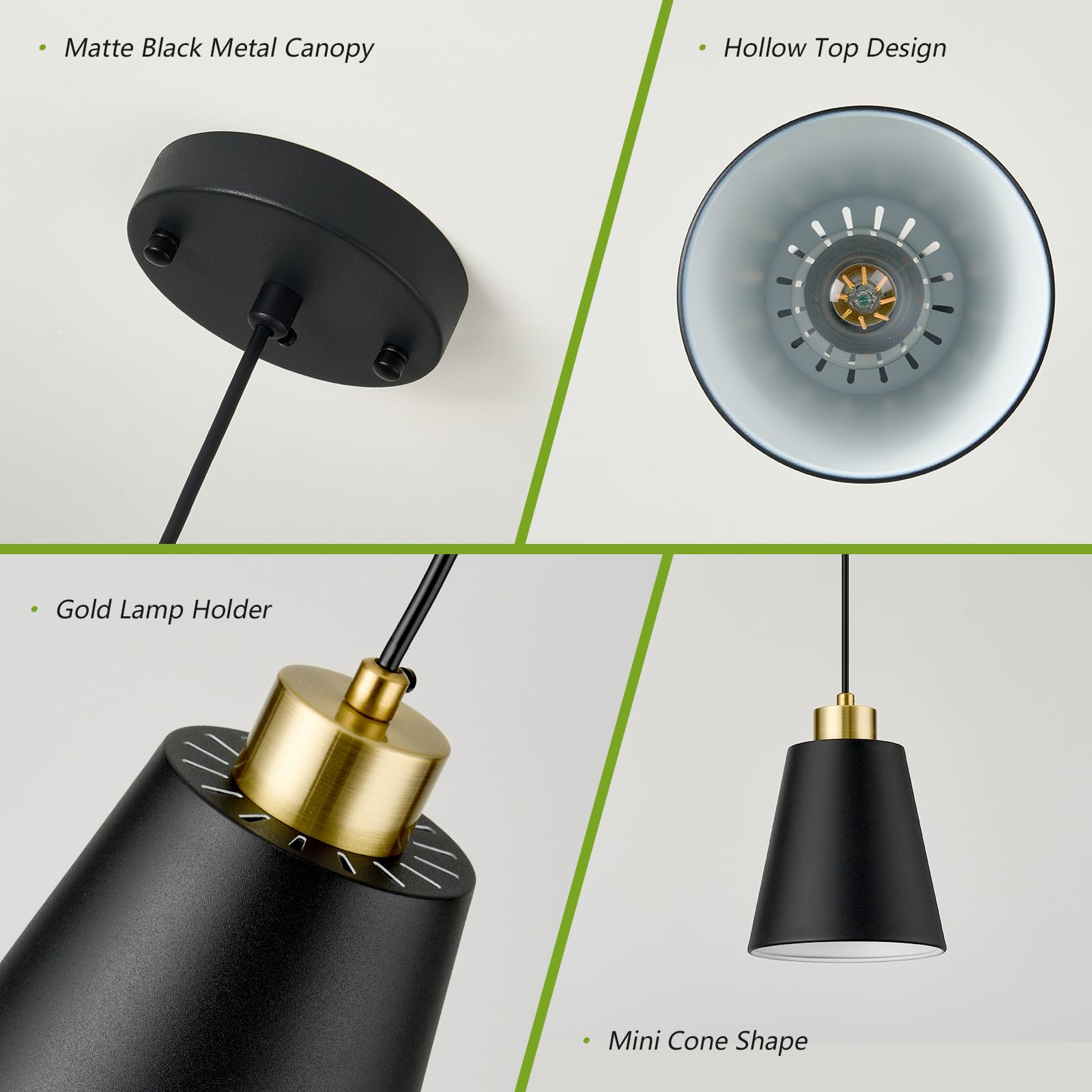 Lamknvs Matte Black Mini Pendant Light 7.87In Cone Kitchen Island Pendant Lighting With Gold Modern Hollow Shade Hanging Light Fixture For Kitchen Dining Room Bar 63 Adjustable Cord  1 Pcs