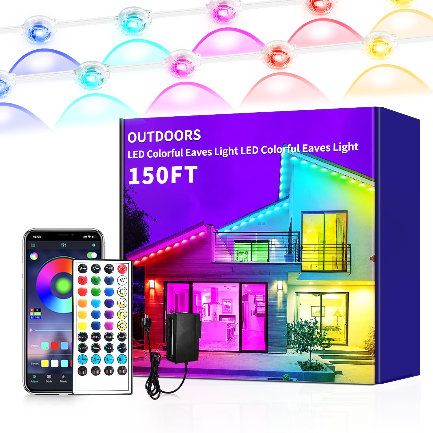 Yocrostar 150ft Permanent Outdoor Light RGB Eaves Lights DIY Scene Modes IP68 Waterproof Outdoor Under Eave Lighting led Lights for Decor Garden Decor House Party