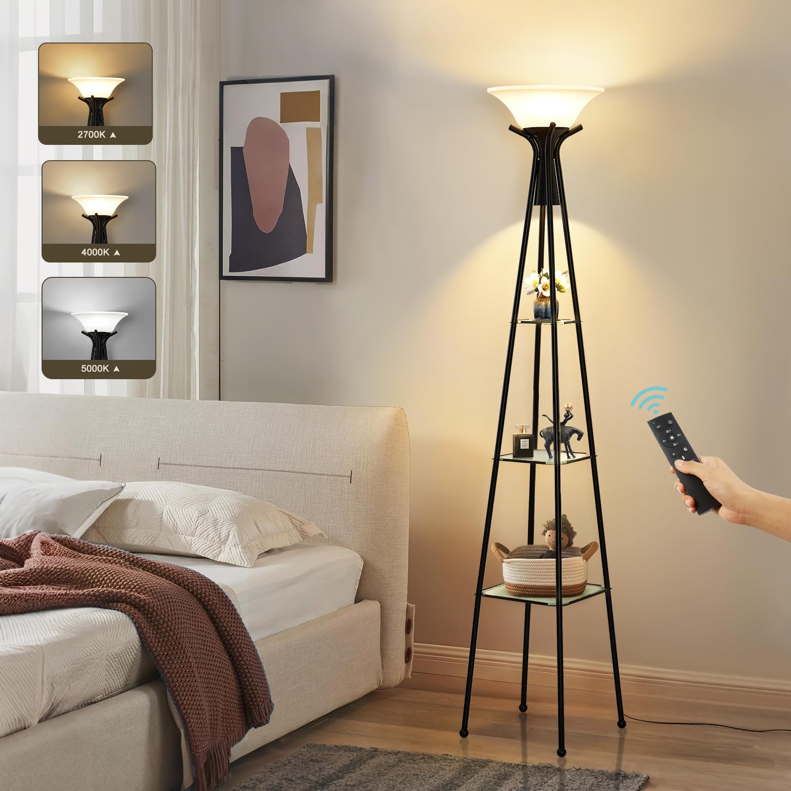 Floor Lamp with Shelves, 69    Tall Shelf Lamp with Remote Control, 3-Tier Glass Shelf Lamp, Dimmable Industrial Floor Lamps for