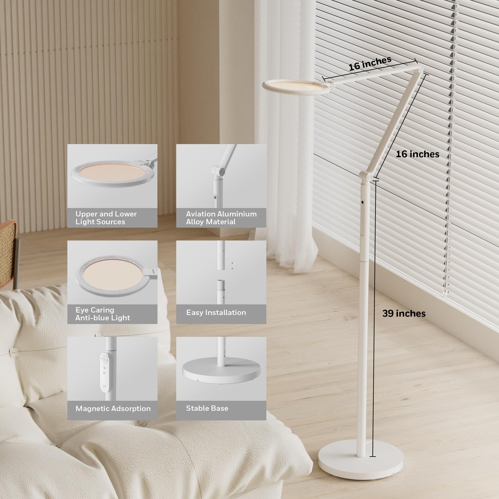 Honeywell LED Floor Lamp - Dimmable Eye Caring Light with Remote, 5 Colors & Brightness, Tall, White, Model HWL-F01WT